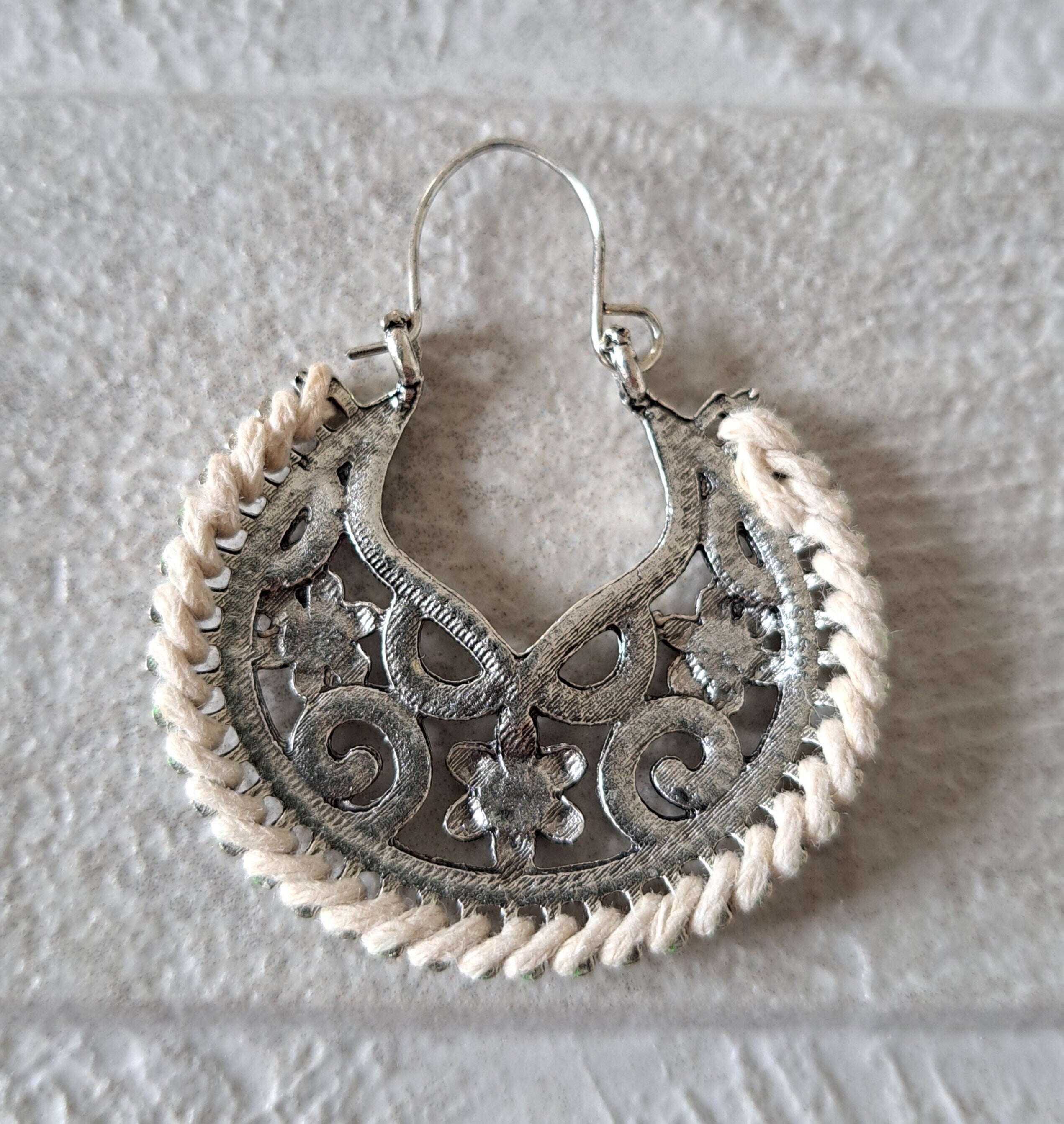 Round Silver Off-White Rope Bohemian Flower Cut-Out Hoops