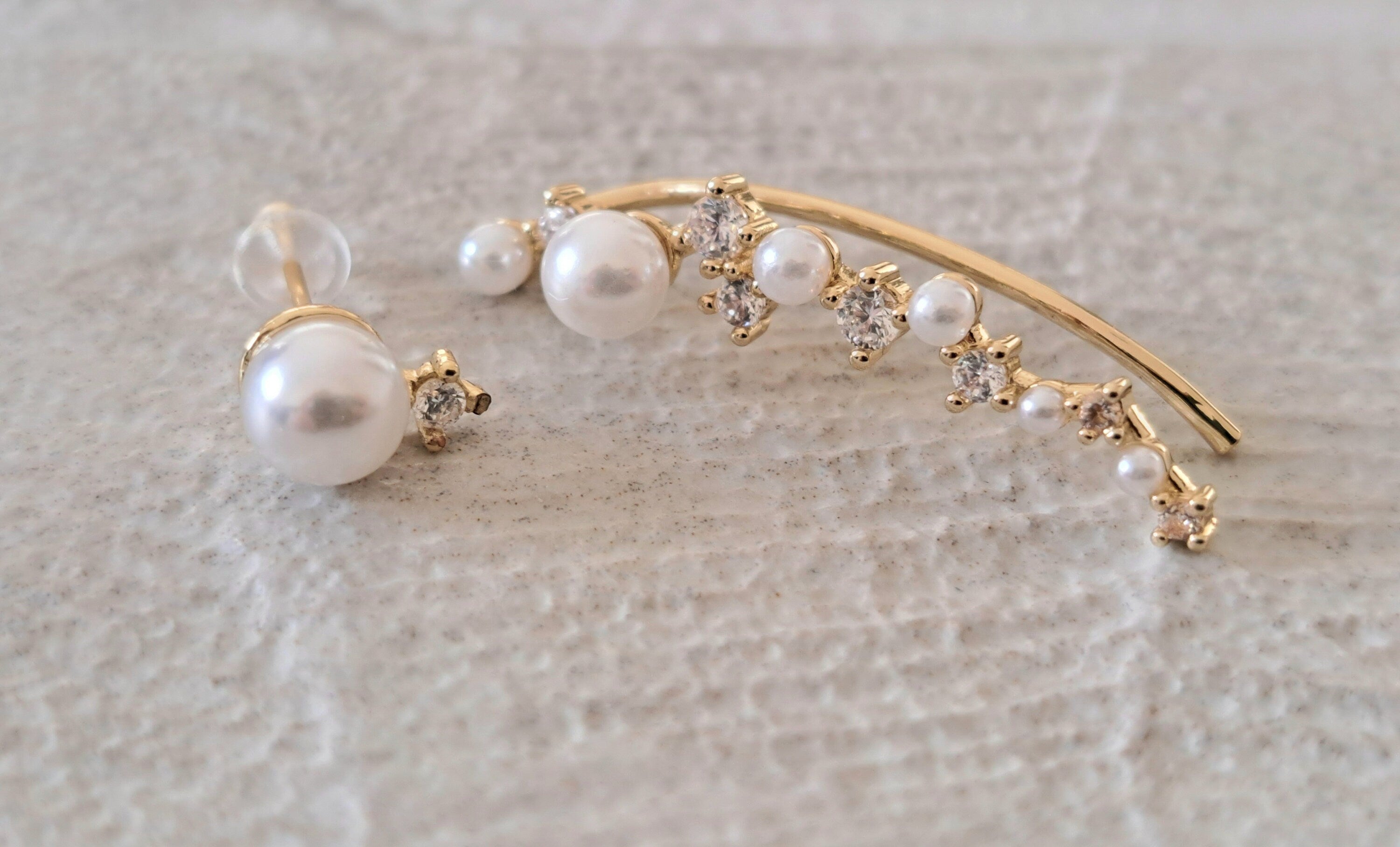 Gold Pearl Swarovski Crystal Wrap Ear Cuff Earring and Stud