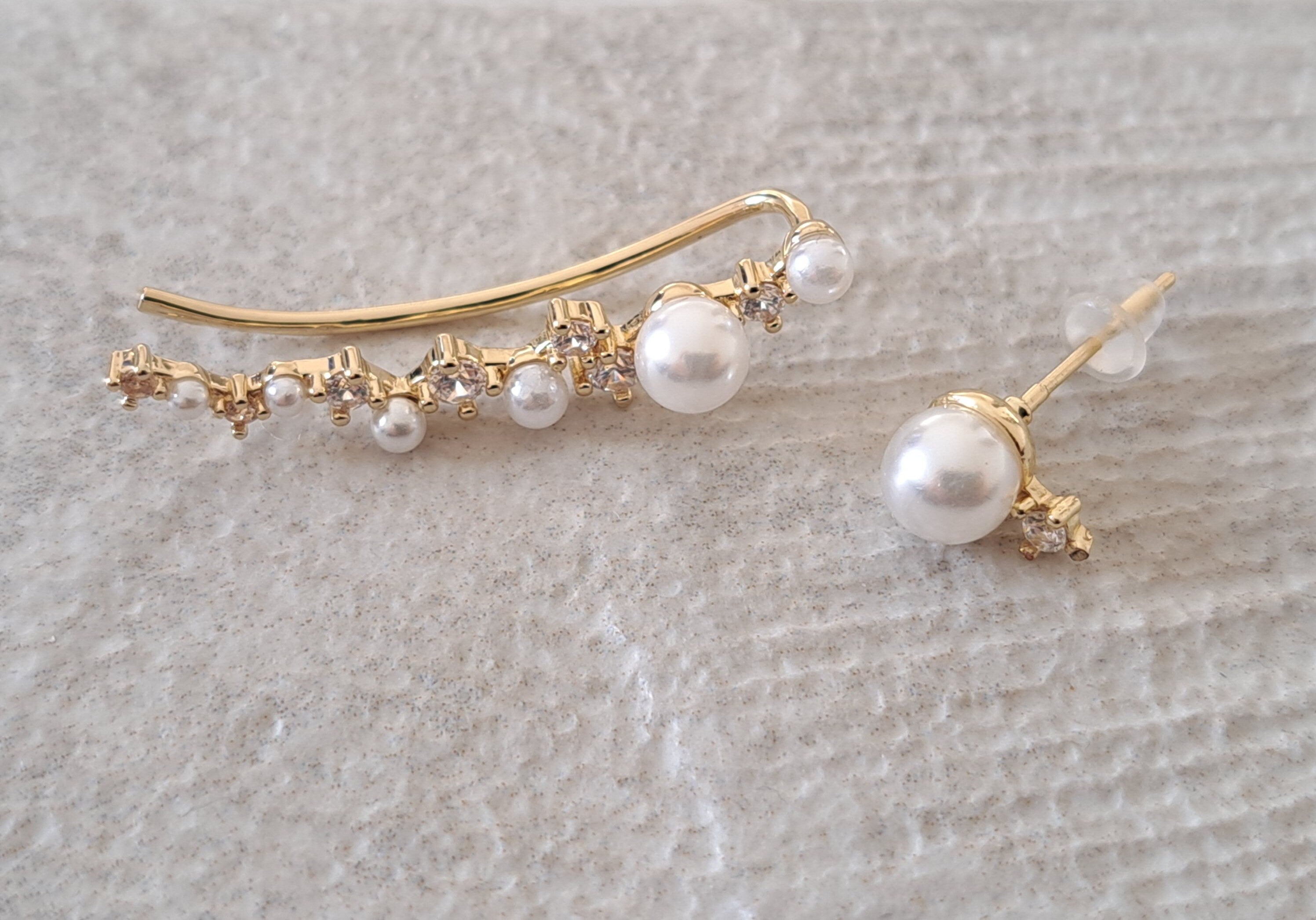 Gold Pearl Swarovski Crystal Wrap Ear Cuff Earring and Stud