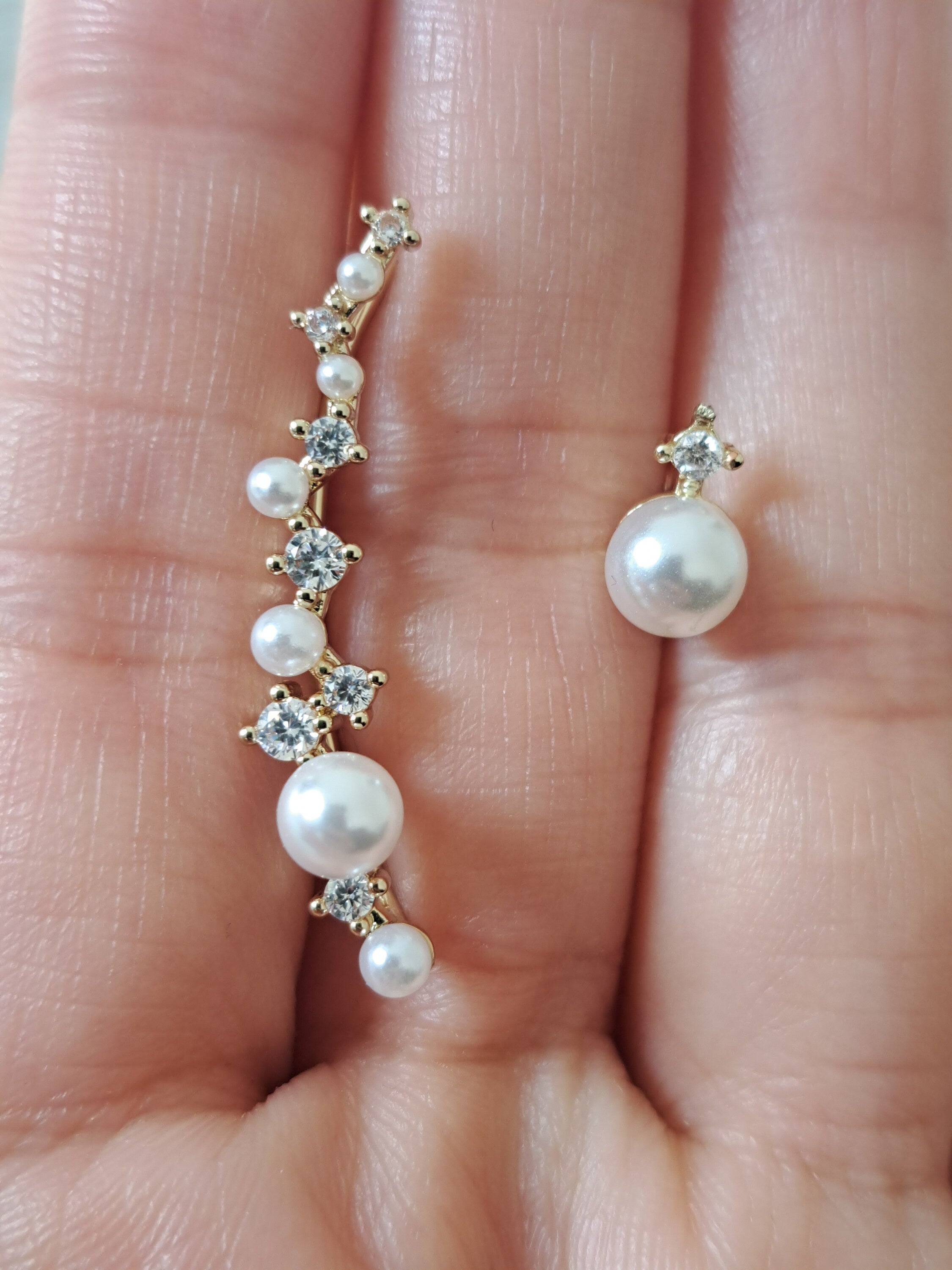 Gold Pearl Swarovski Crystal Wrap Ear Cuff Earring and Stud