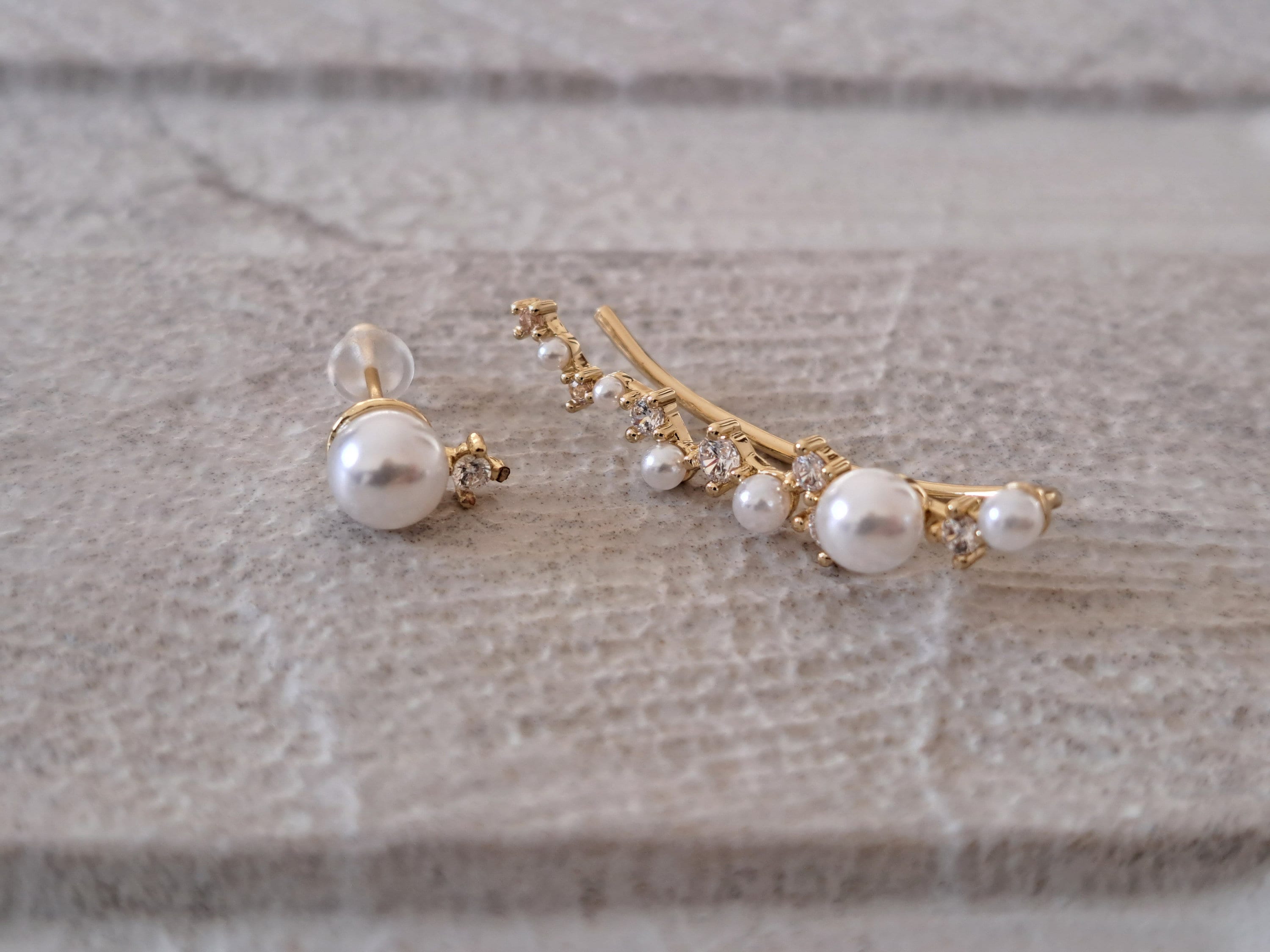 Gold Pearl Swarovski Crystal Wrap Ear Cuff Earring and Stud