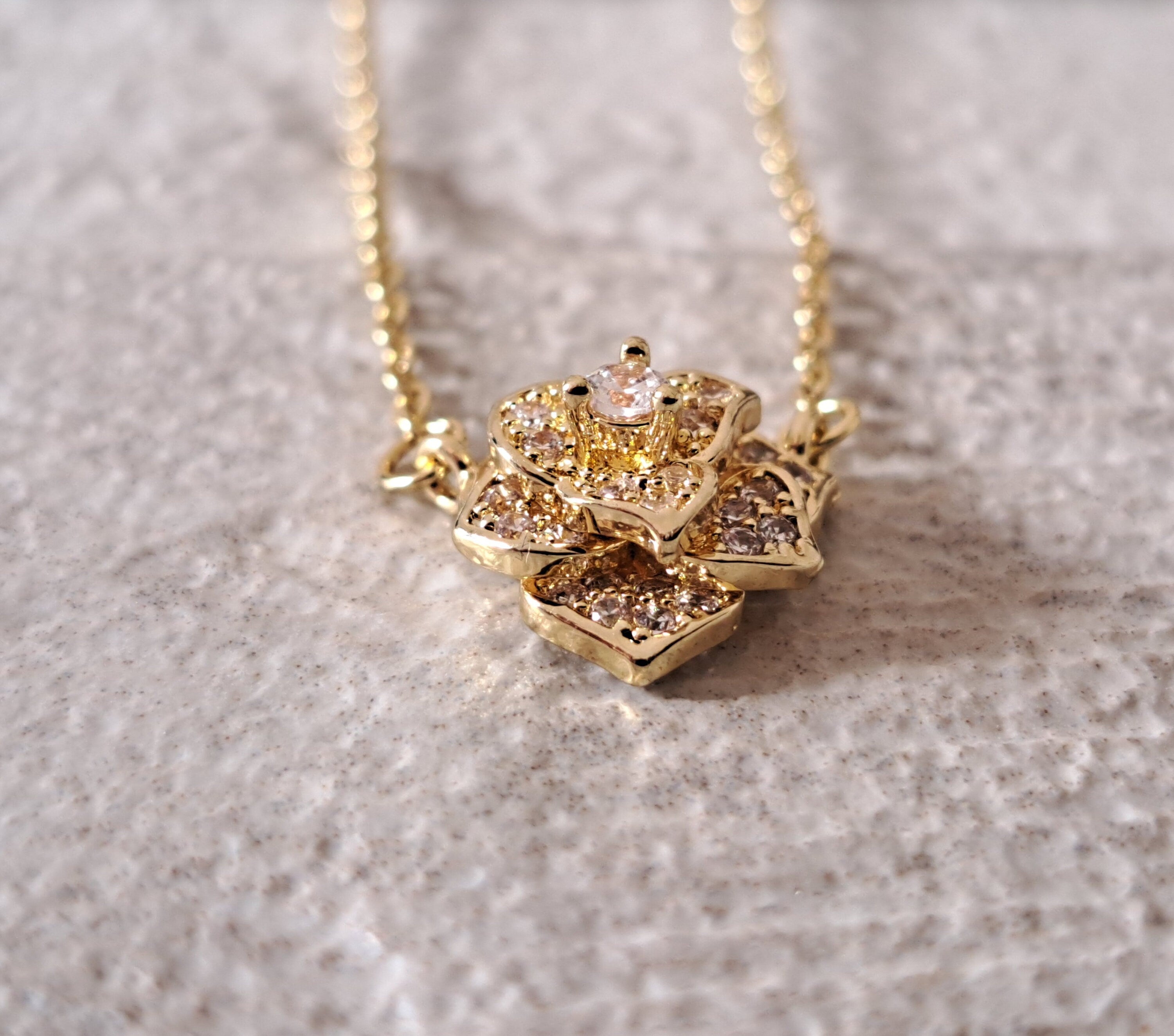 Rose Gold Swarovski Crystal Rose Flower Layered Pendant Necklace