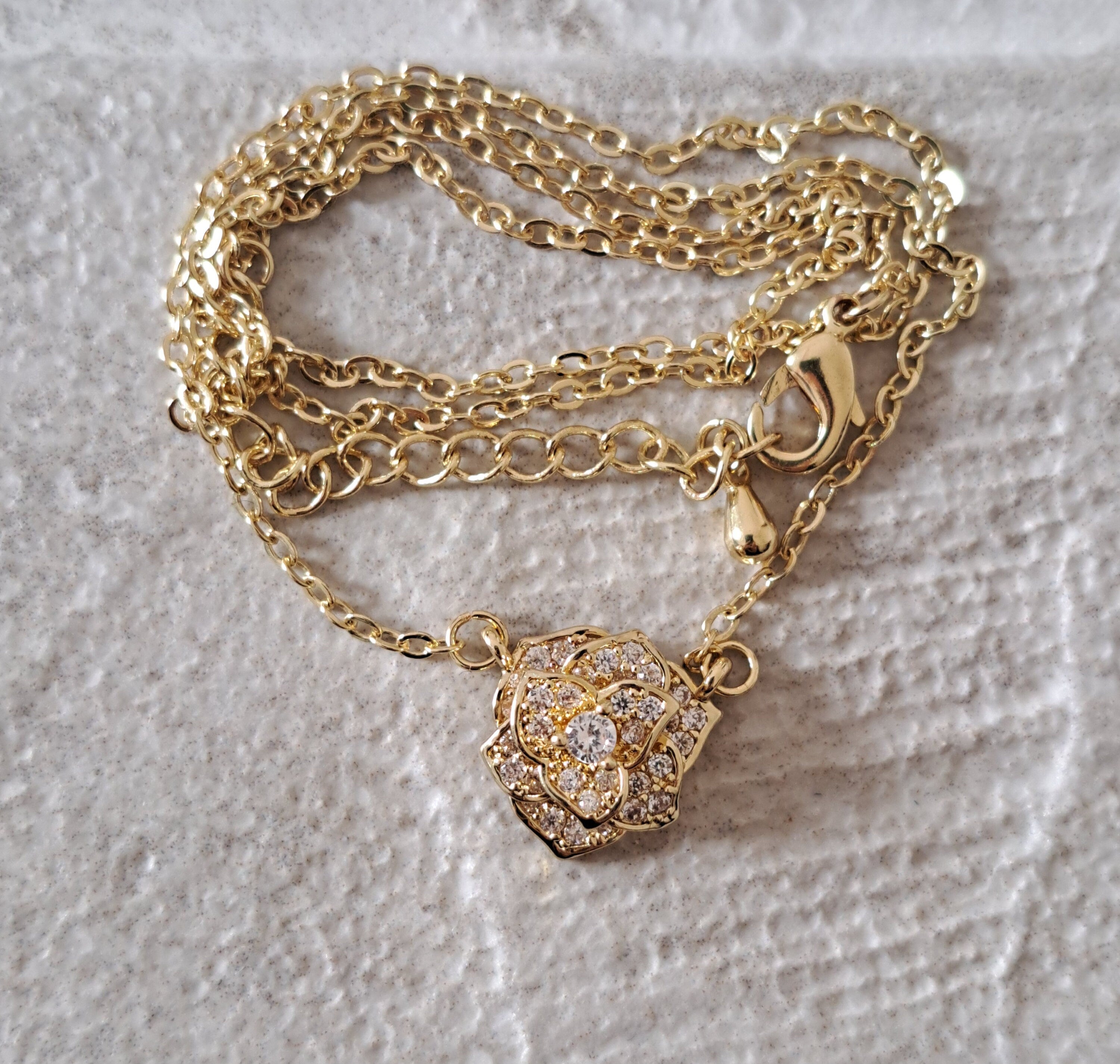 Rose Gold Swarovski Crystal Rose Flower Layered Pendant Necklace