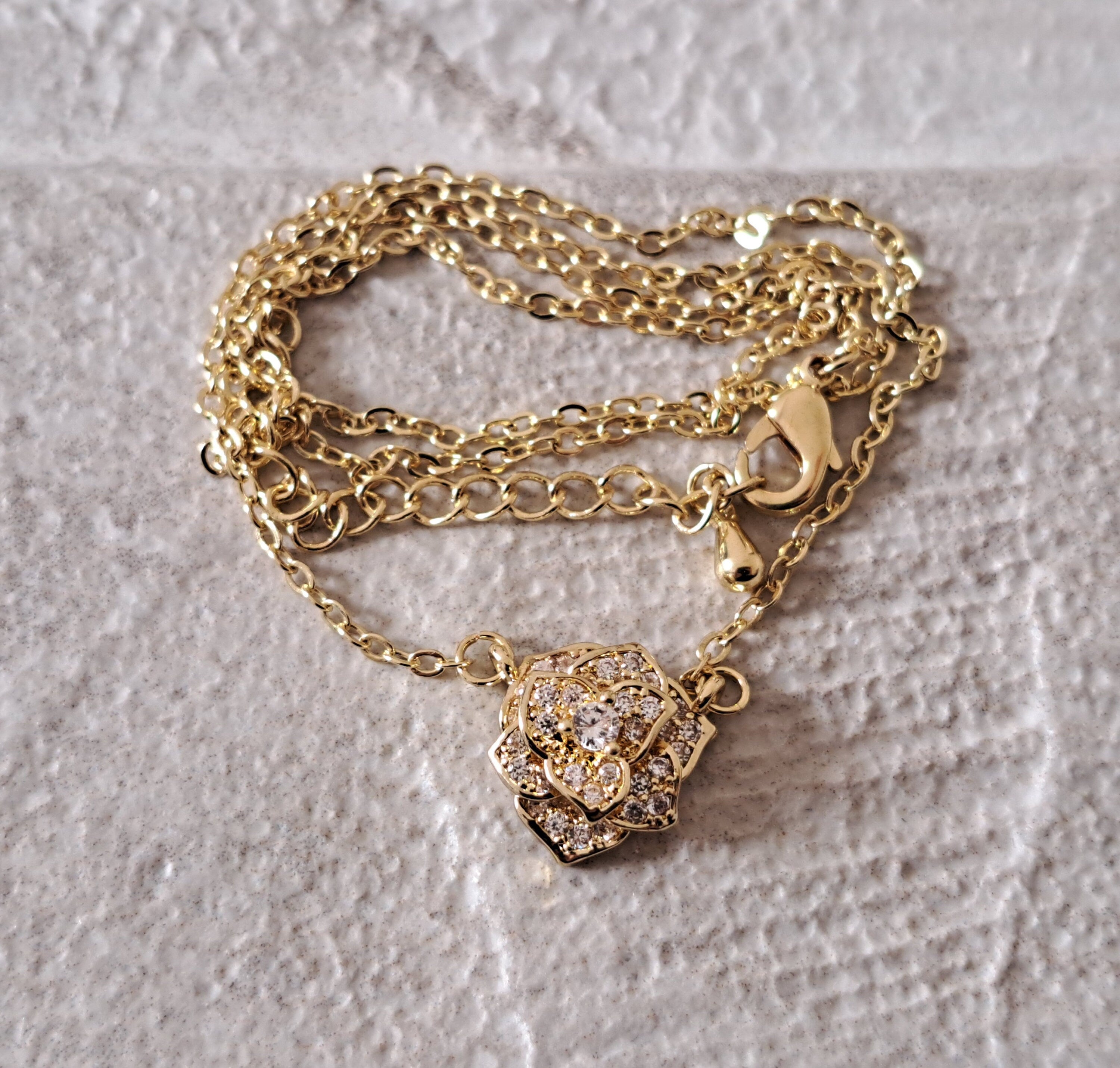 Rose Gold Swarovski Crystal Rose Flower Layered Pendant Necklace