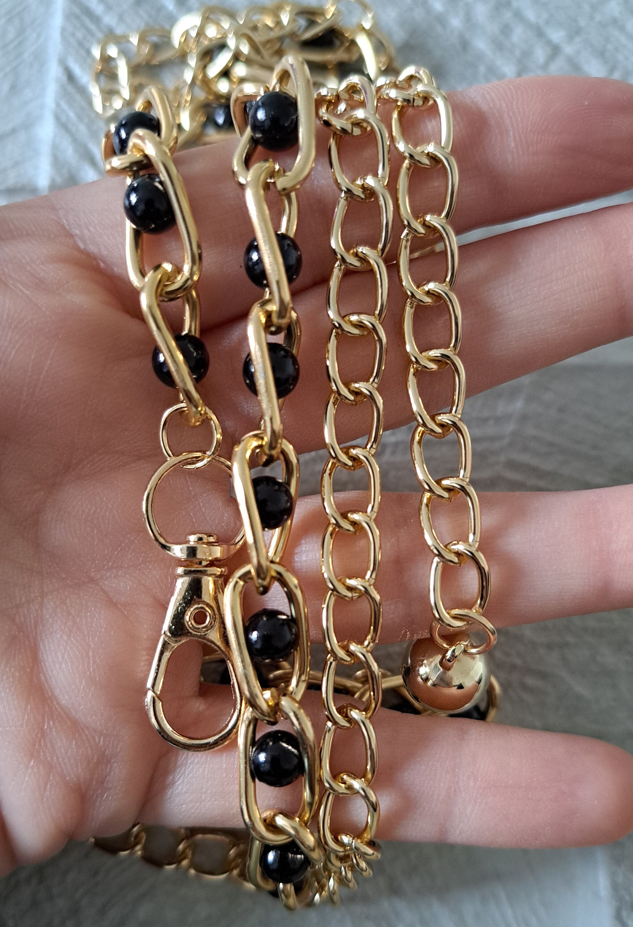 Gold Black Beaded Linked Chain Skinny Thin Handmade Dress Shirt Belt