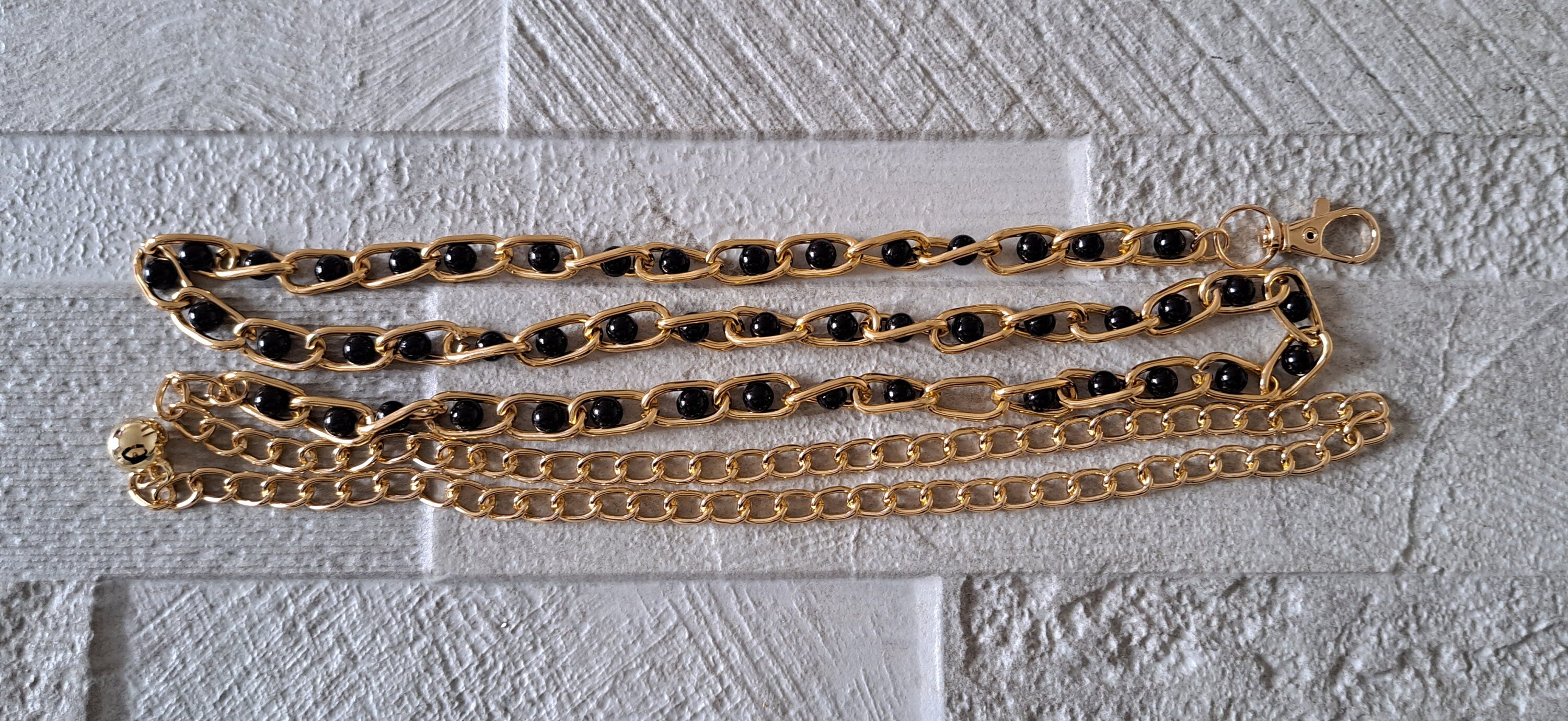 Gold Black Beaded Linked Chain Skinny Thin Handmade Dress Shirt Belt