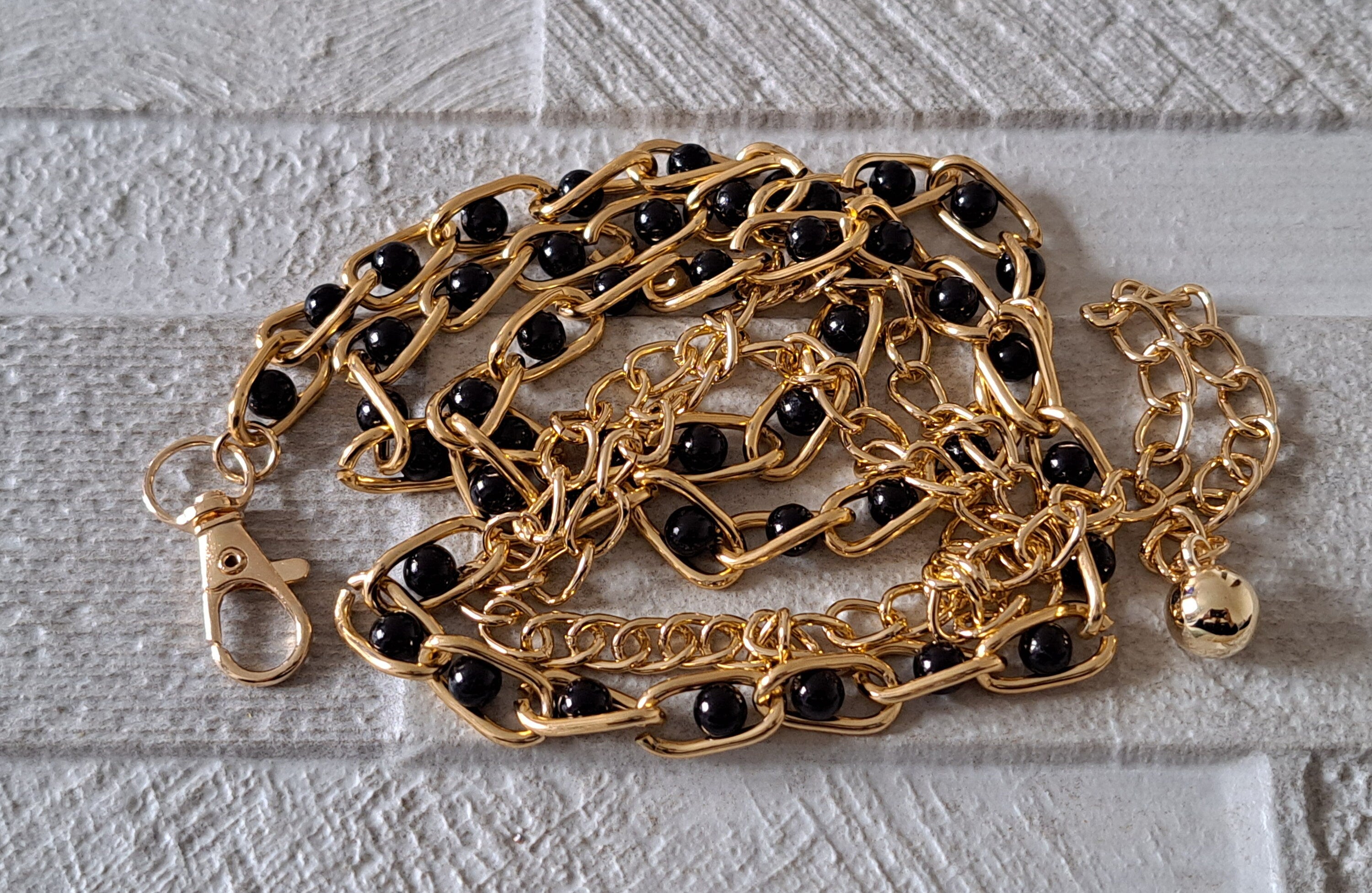 Gold Black Beaded Linked Chain Skinny Thin Handmade Dress Shirt Belt