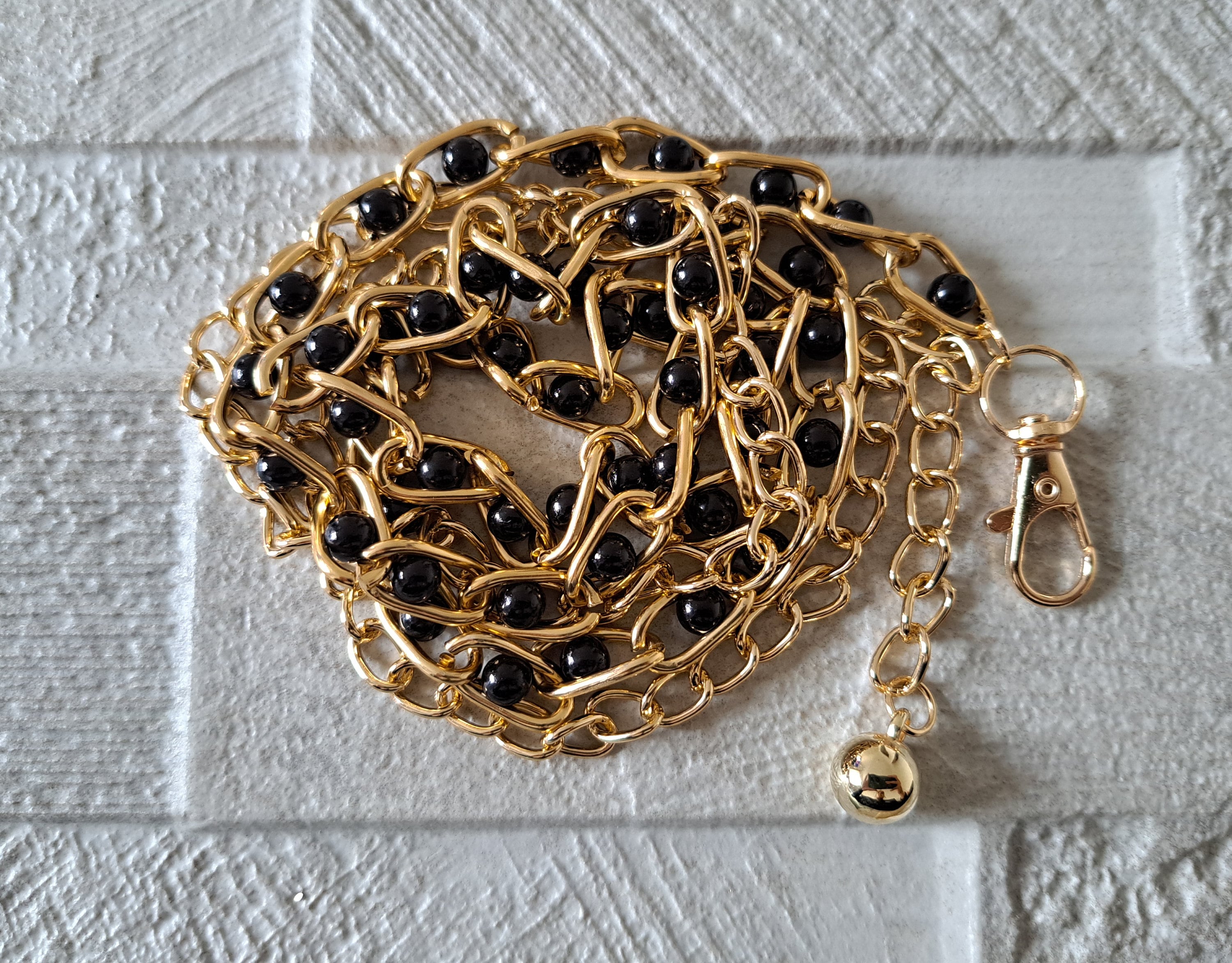 Gold Black Beaded Linked Chain Skinny Thin Handmade Dress Shirt Belt