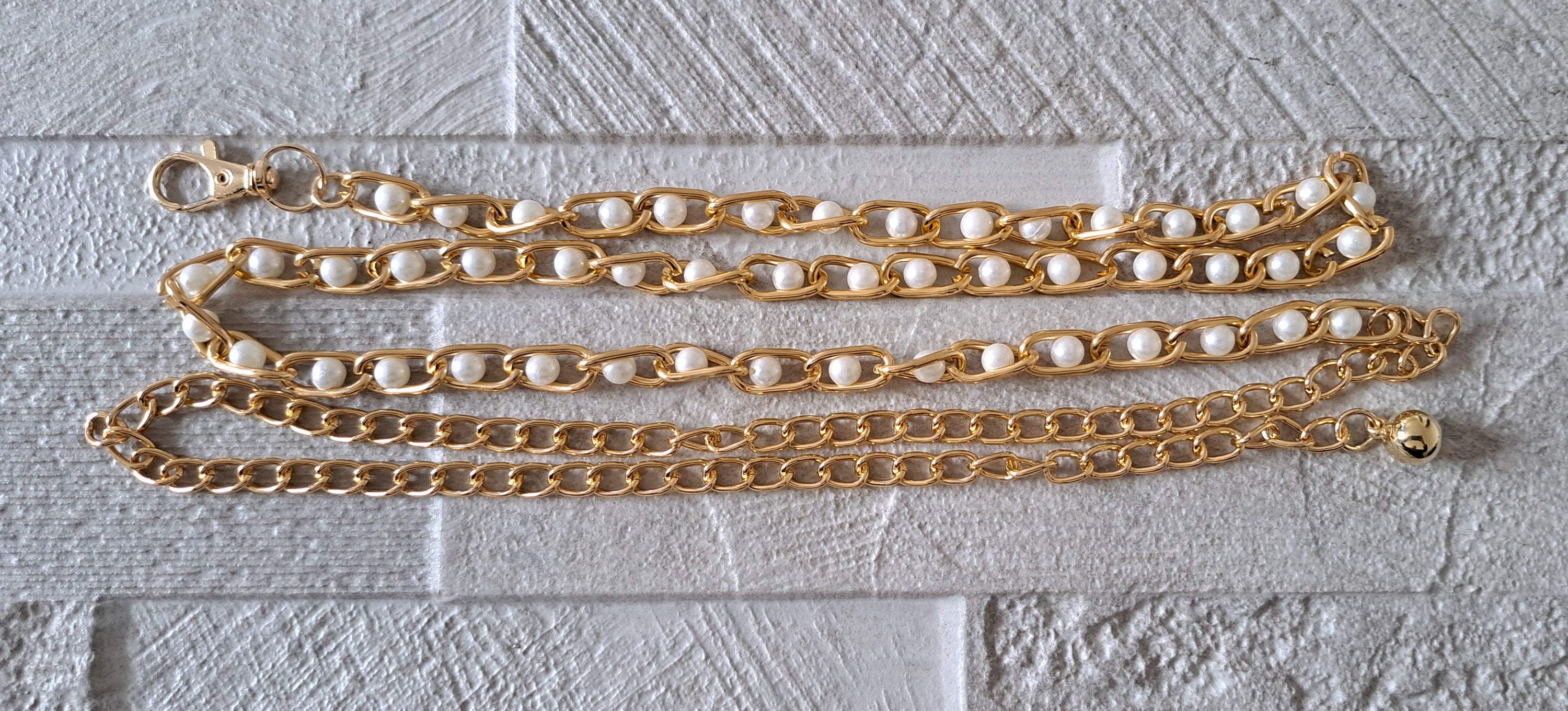Gold White Beaded skinny Link Chain Shirt Belt with Gold Ball Embellishment