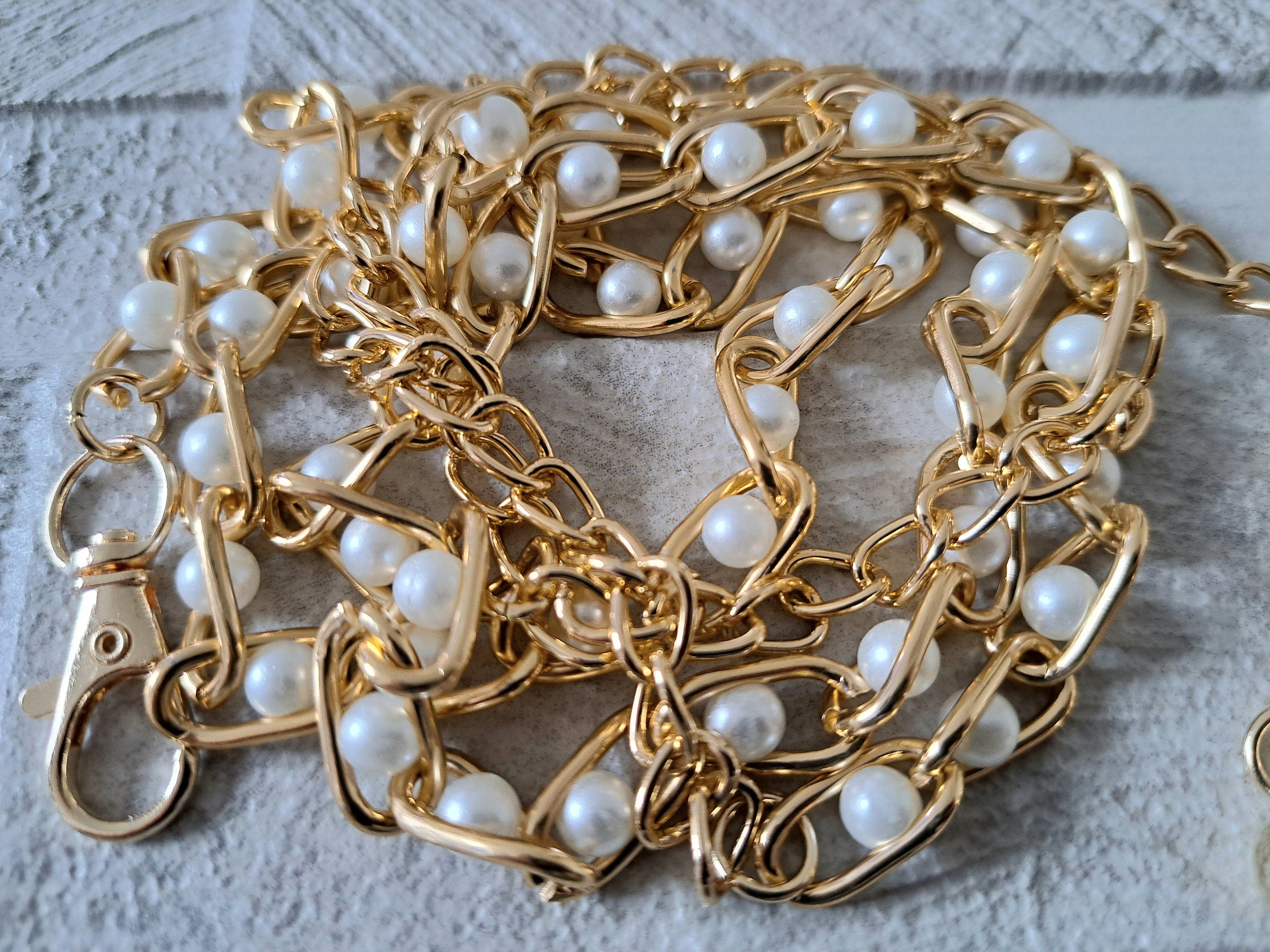 Gold White Beaded skinny Link Chain Shirt Belt with Gold Ball Embellishment