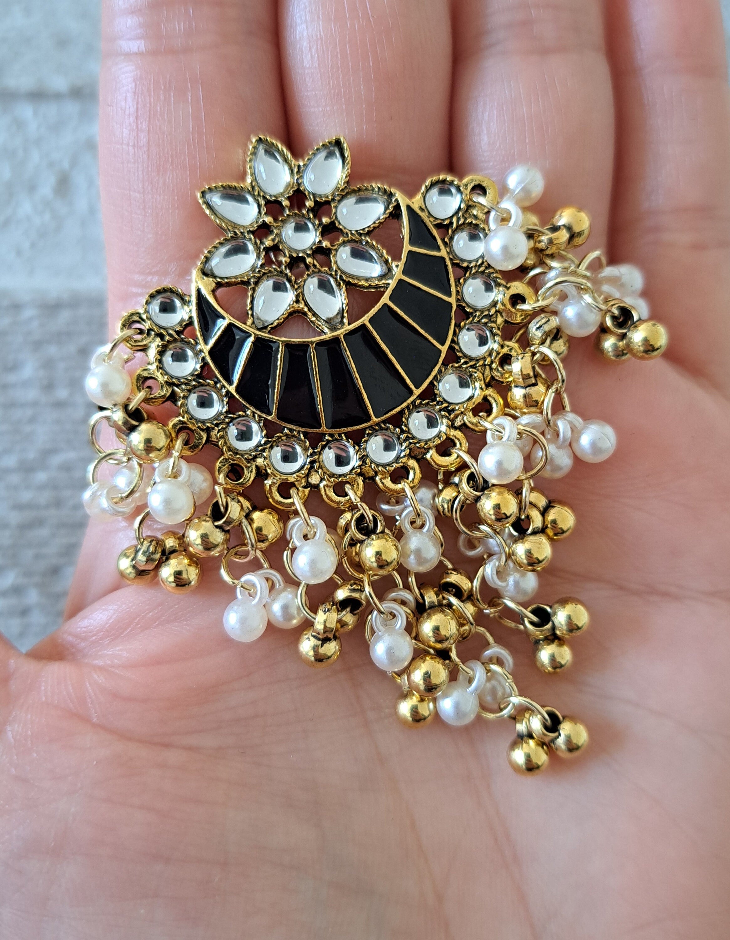 Large Antique Gold Pearl Floral Long Earrings