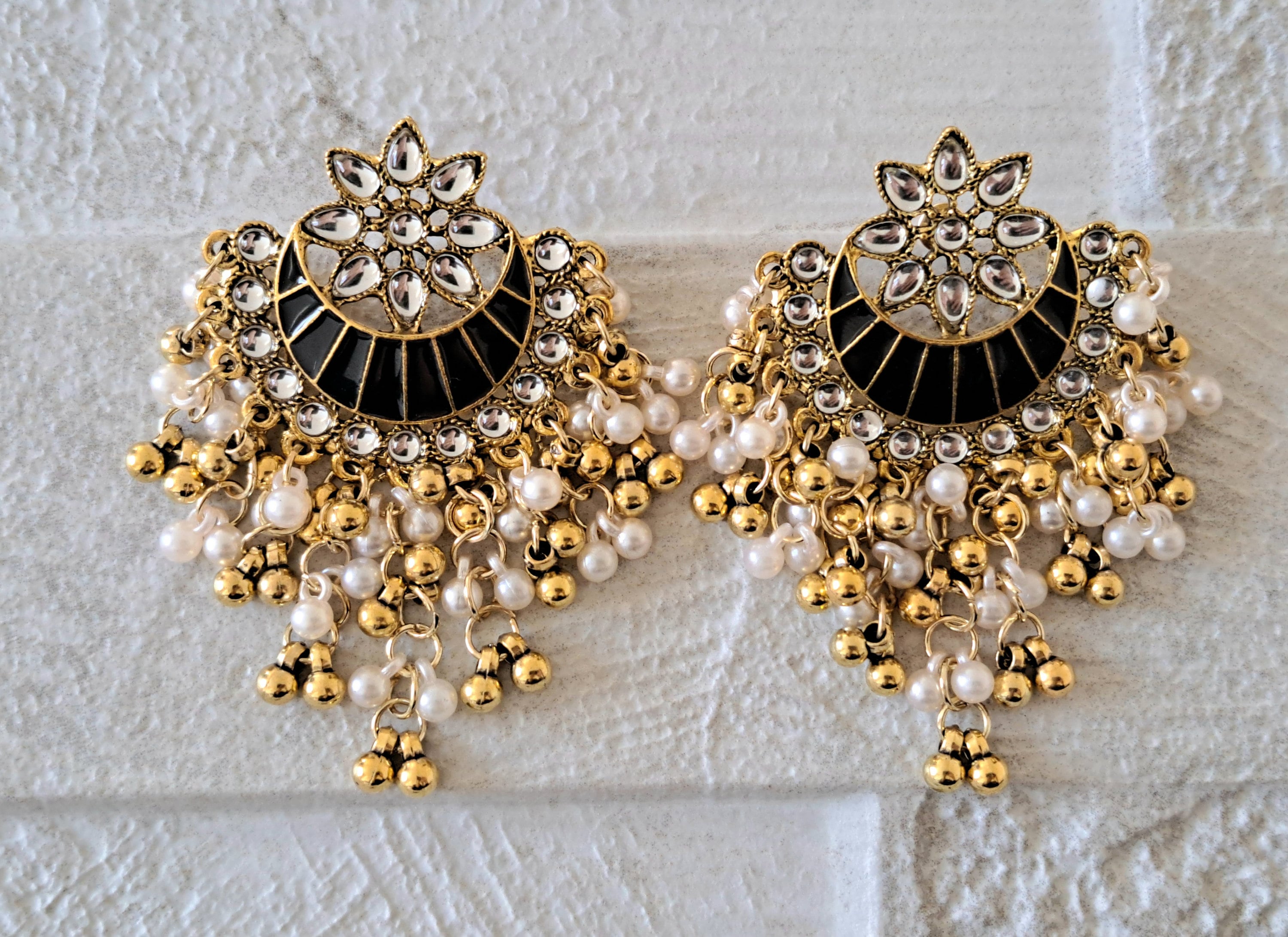 Large Antique Gold Pearl Floral Long Earrings