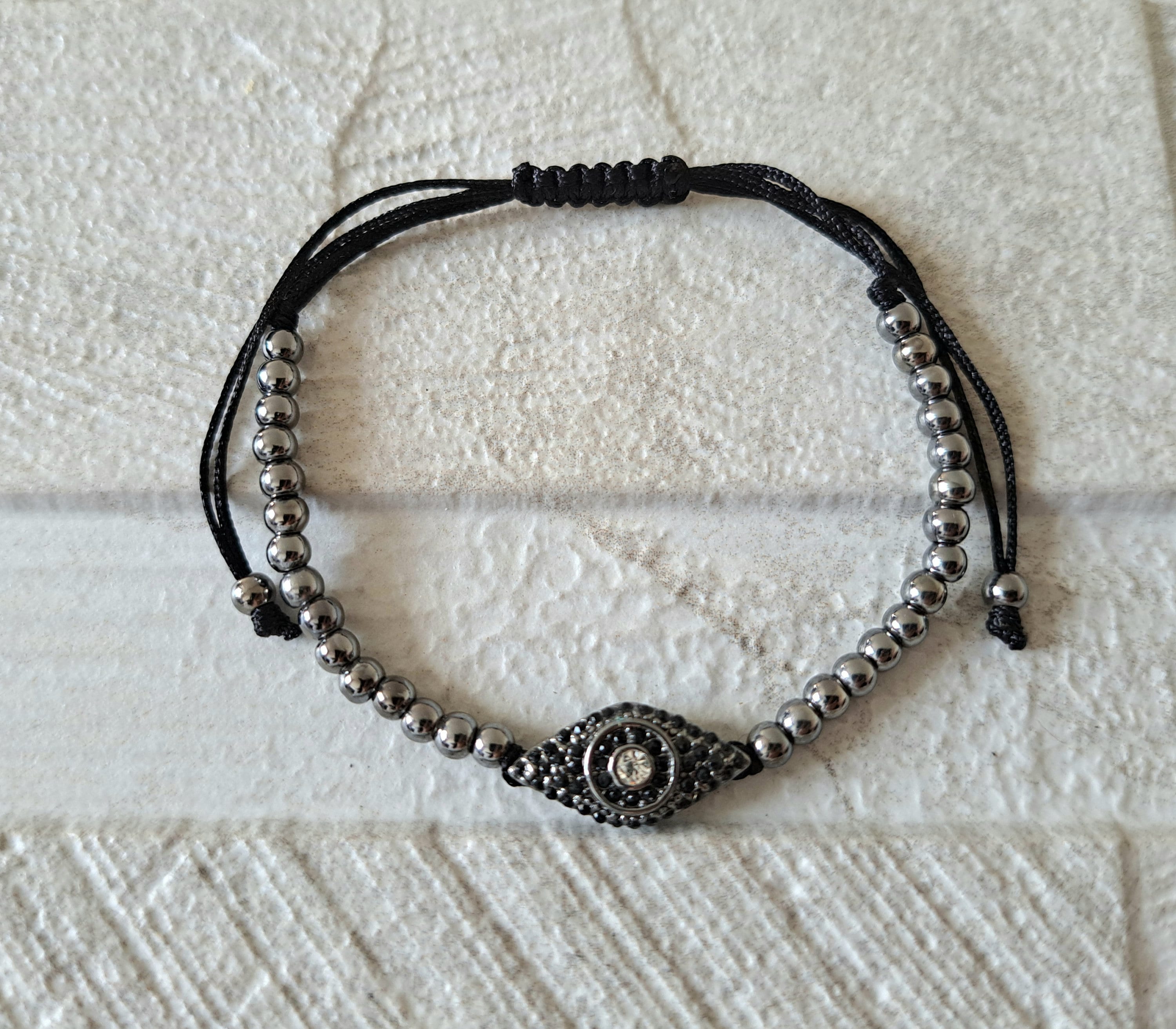 Black Evil Eye Swarovski Crystal Adjustable Flat Bracelet