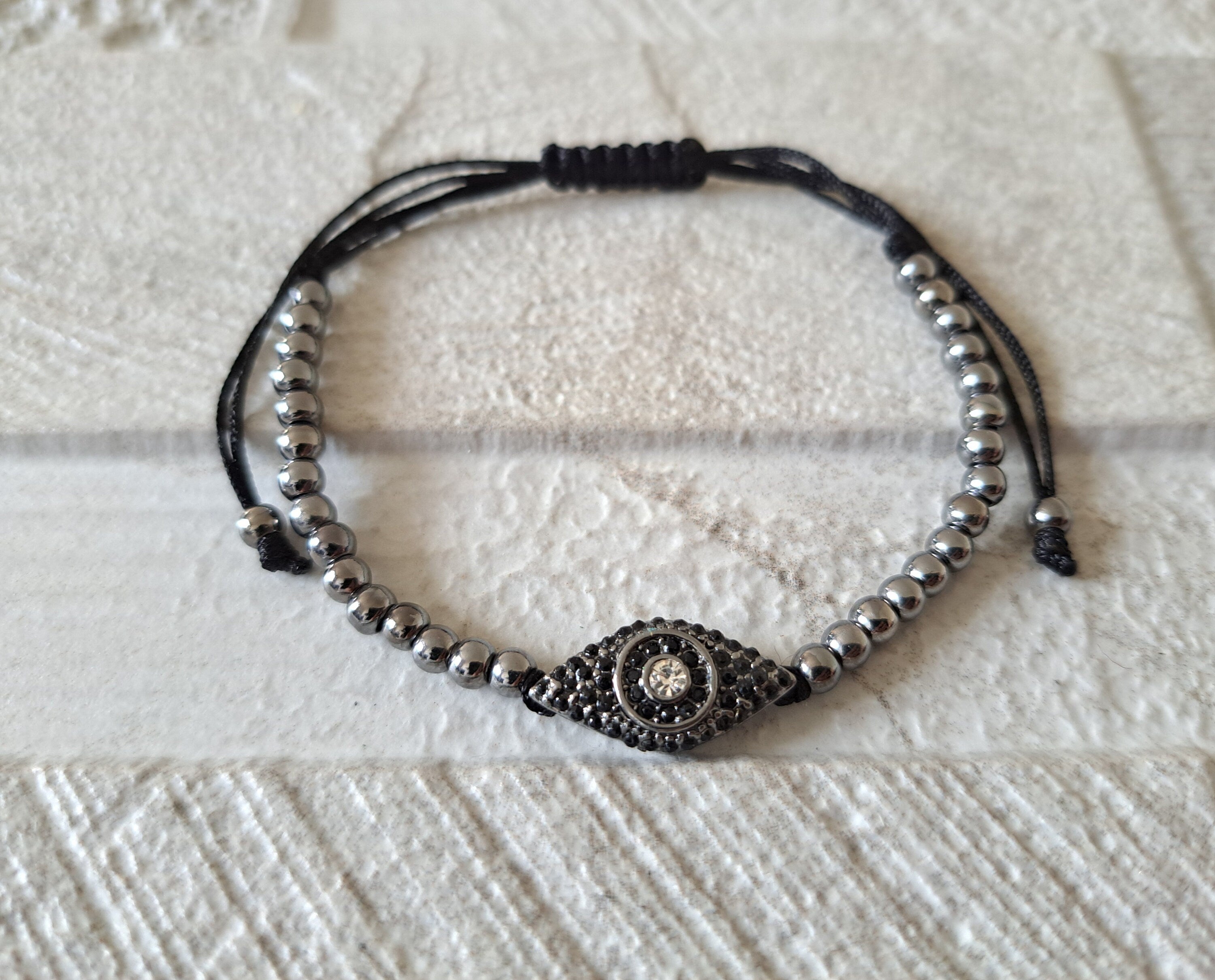 Black Evil Eye Swarovski Crystal Adjustable Flat Bracelet