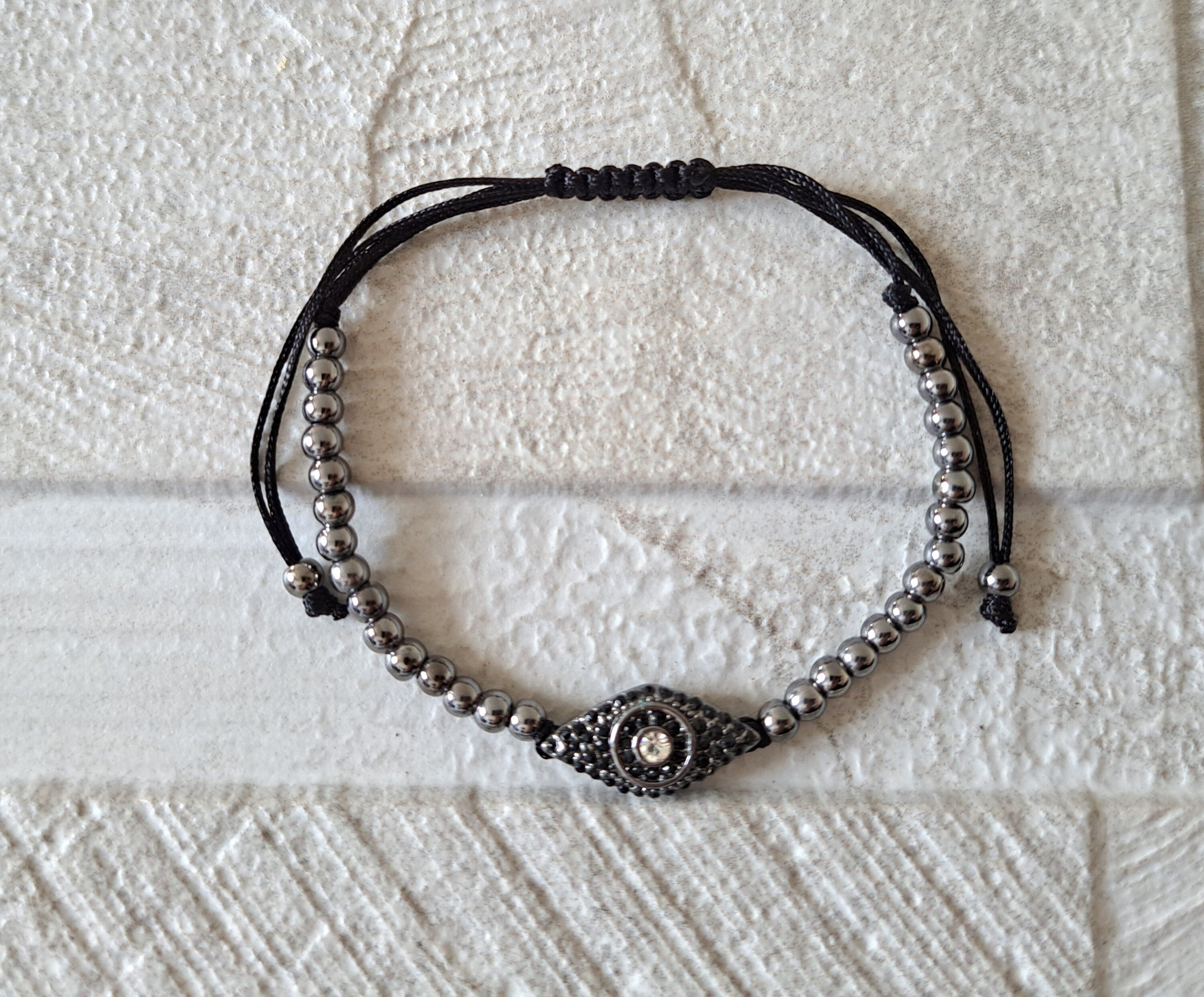 Black Evil Eye Swarovski Crystal Adjustable Flat Bracelet