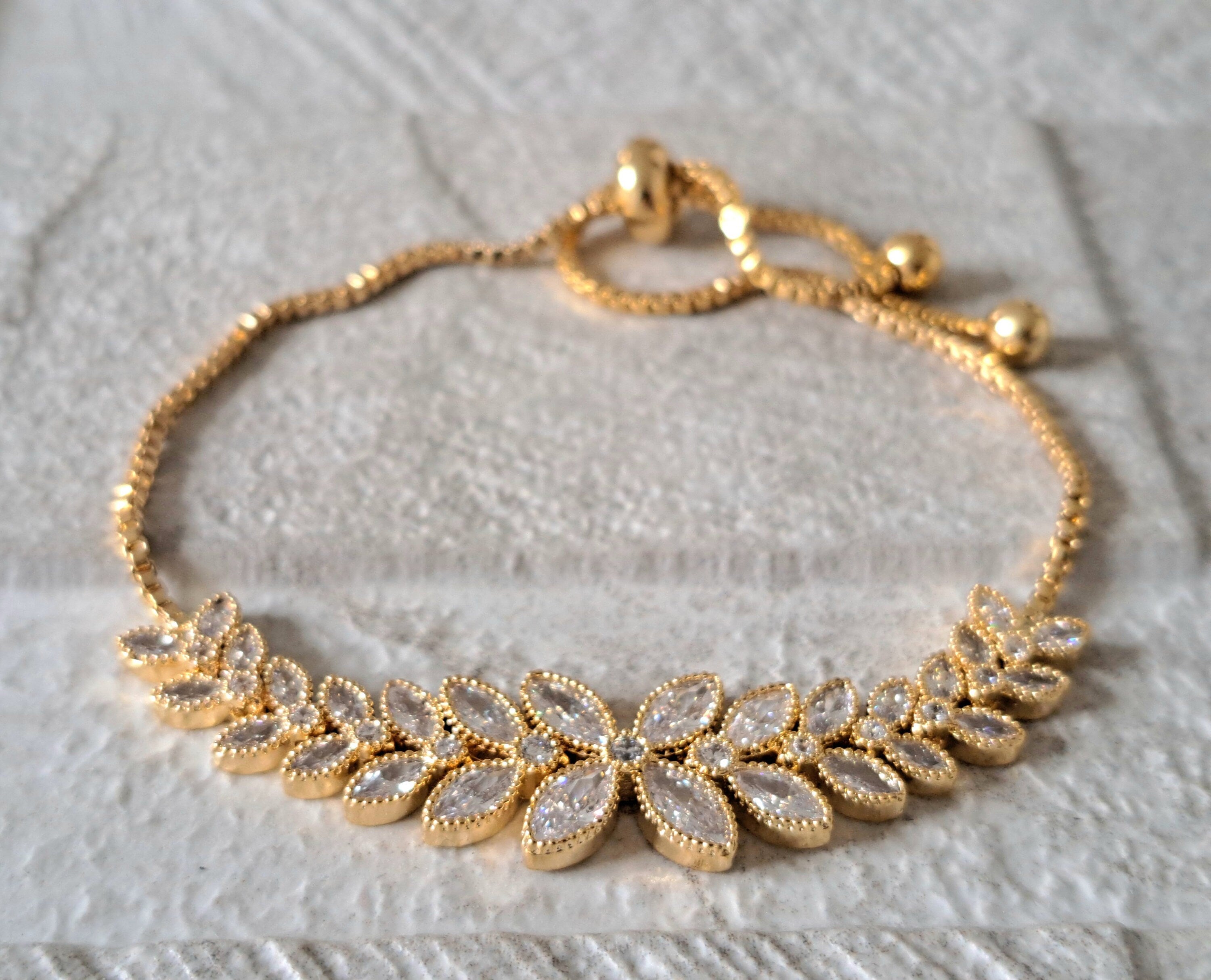 Gold Swarovski Crystal Floral Link Tennis Bracelet