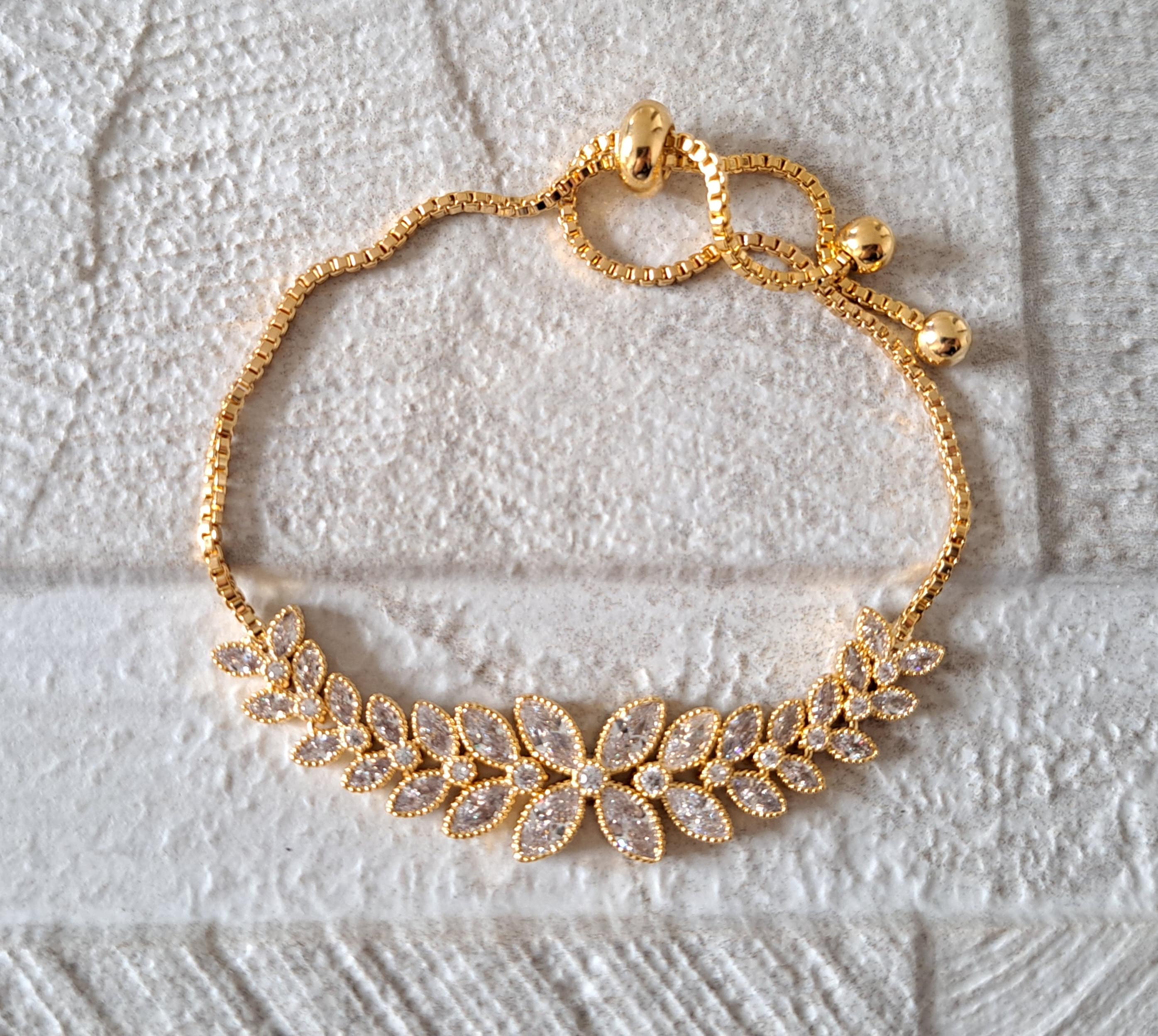 Gold Swarovski Crystal Floral Link Tennis Bracelet