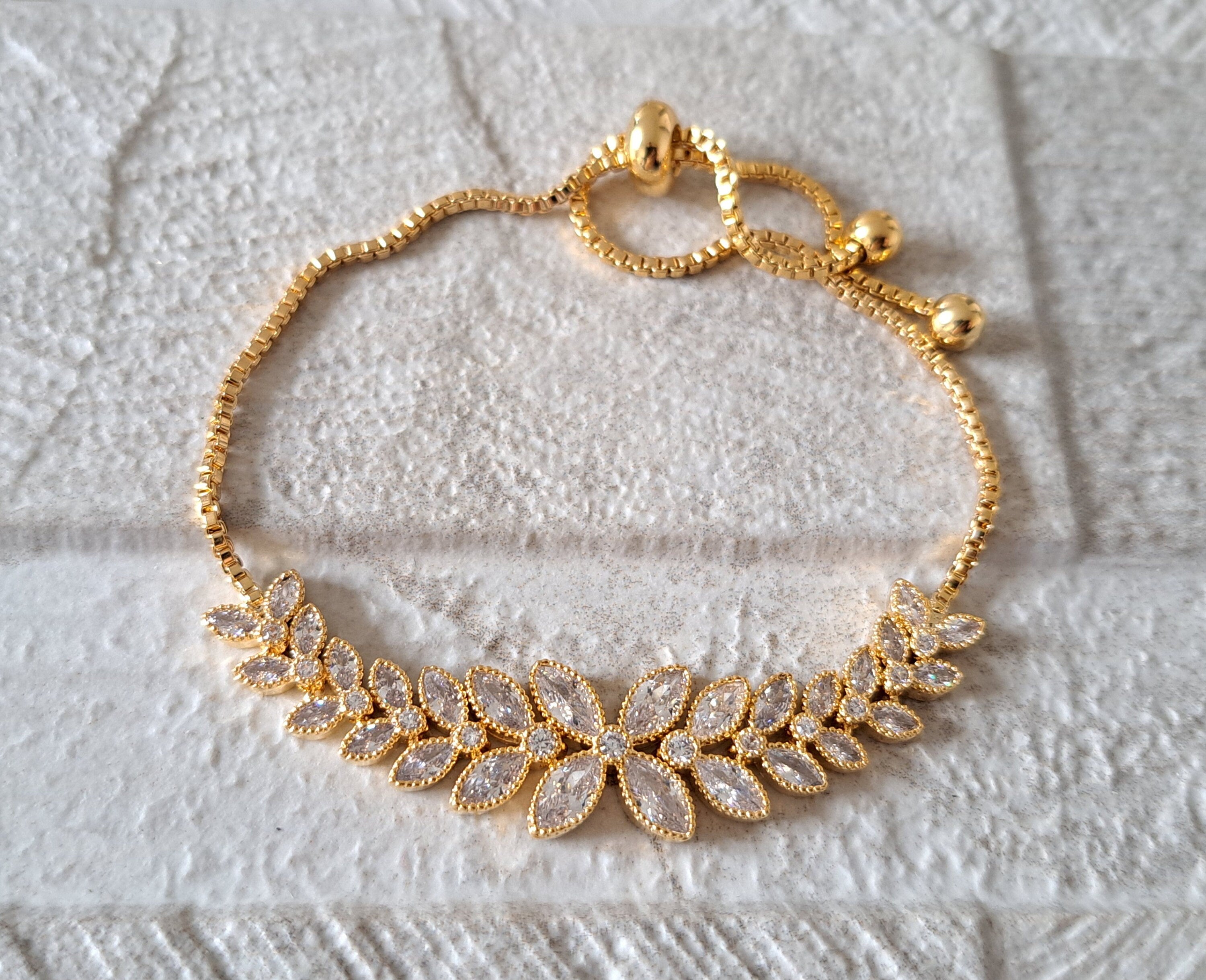 Gold Swarovski Crystal Floral Link Tennis Bracelet