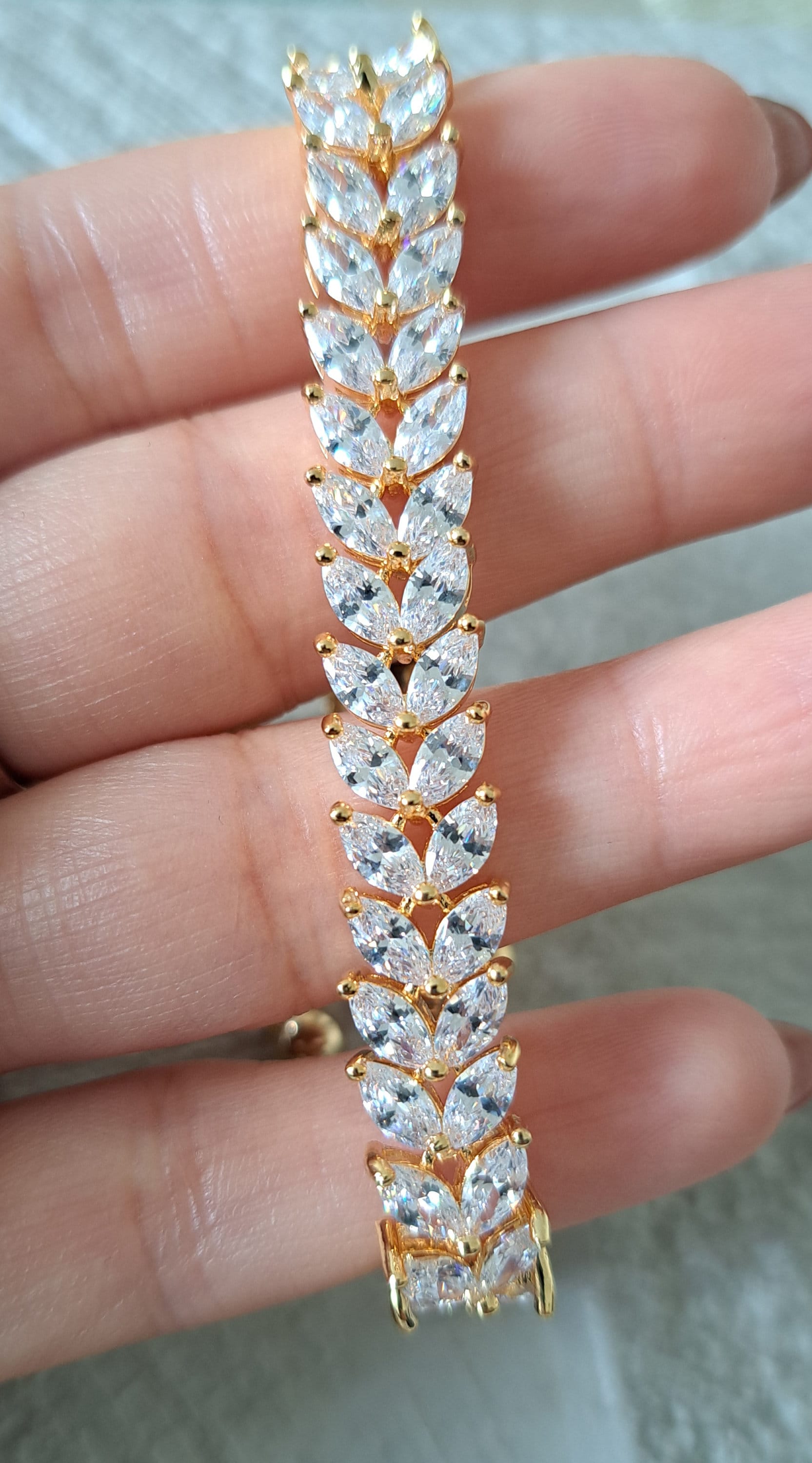 Gold Swarovski Crystal Adjustable Link Leaf Tennis Bracelet