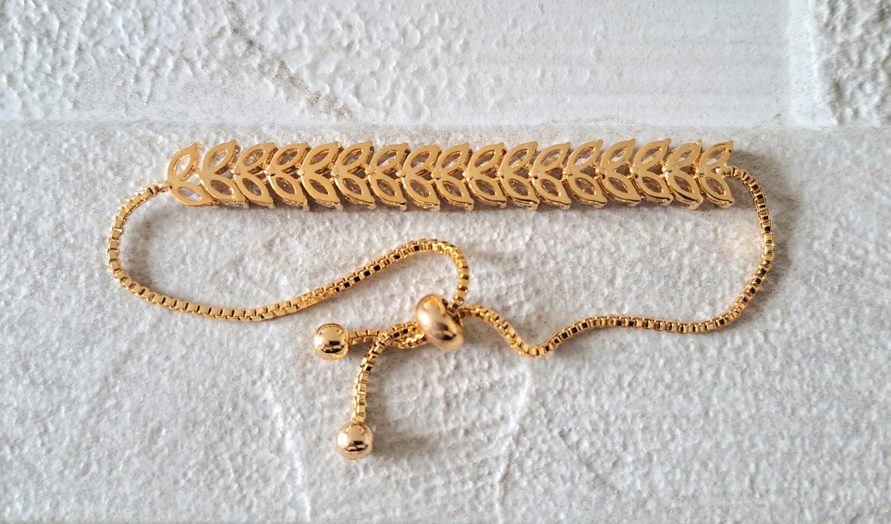 Gold Swarovski Crystal Adjustable Link Leaf Tennis Bracelet