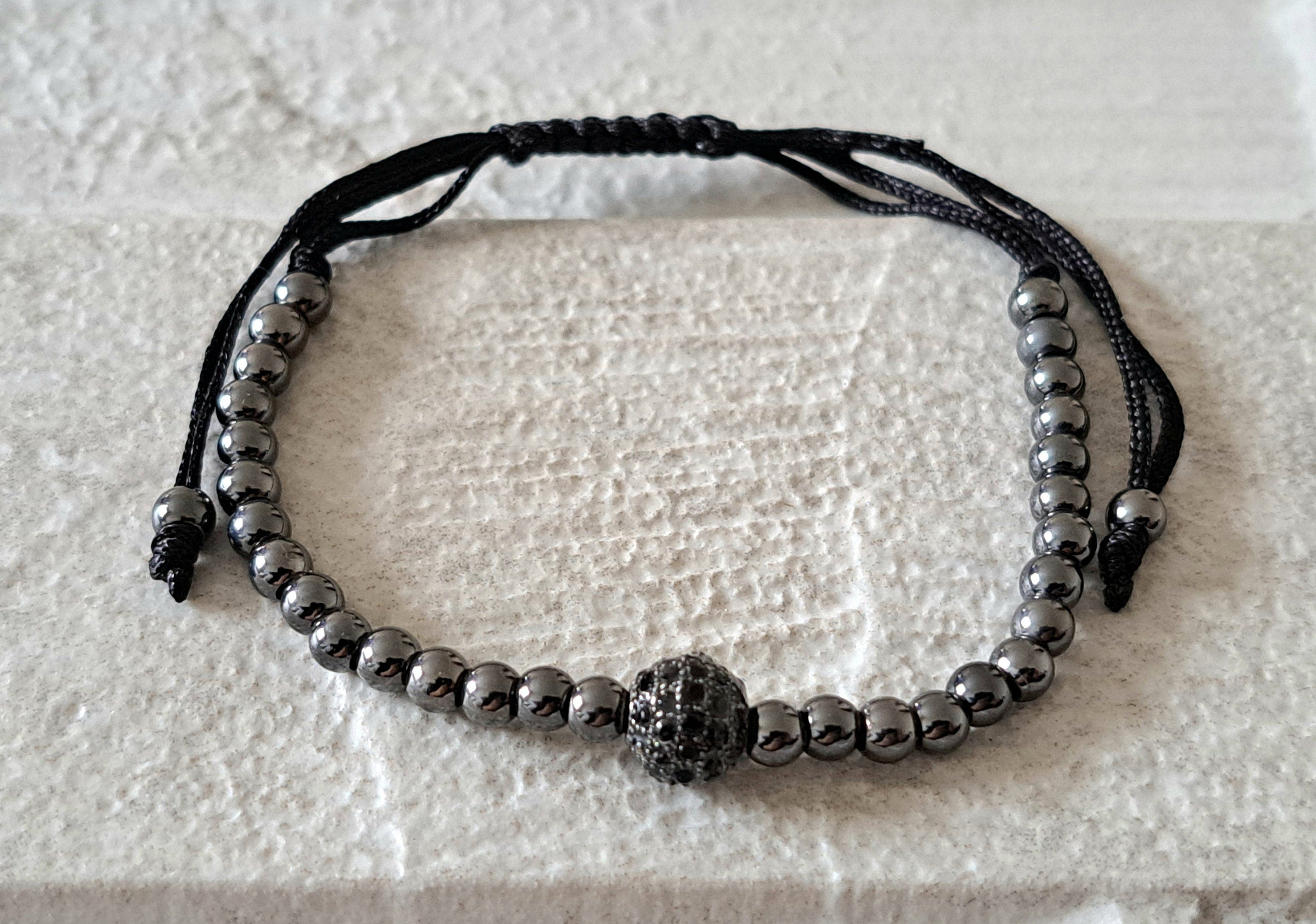 Black Crystal Beaded Ball Charm Adjustable Bracelet