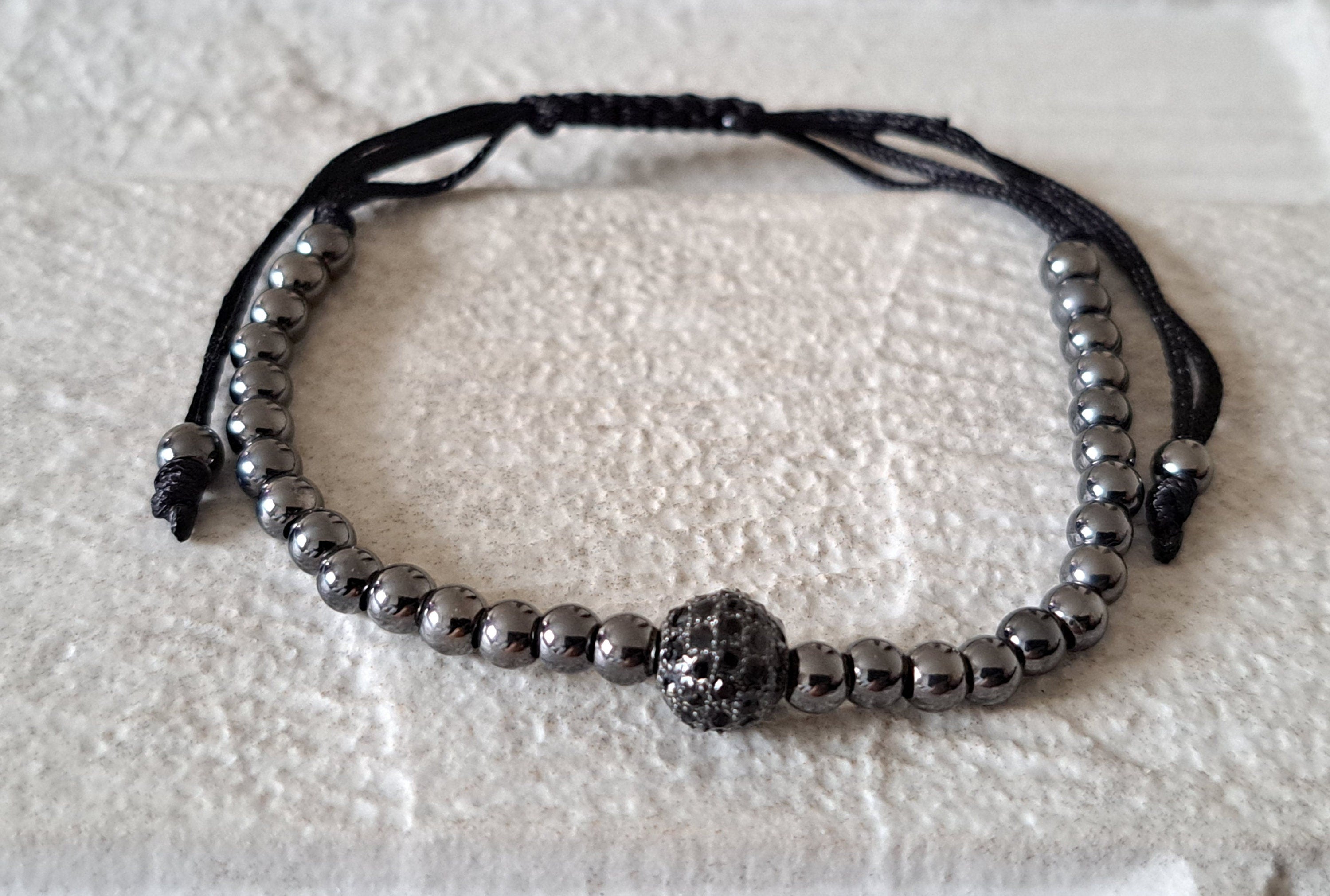 Black Crystal Beaded Ball Charm Adjustable Bracelet