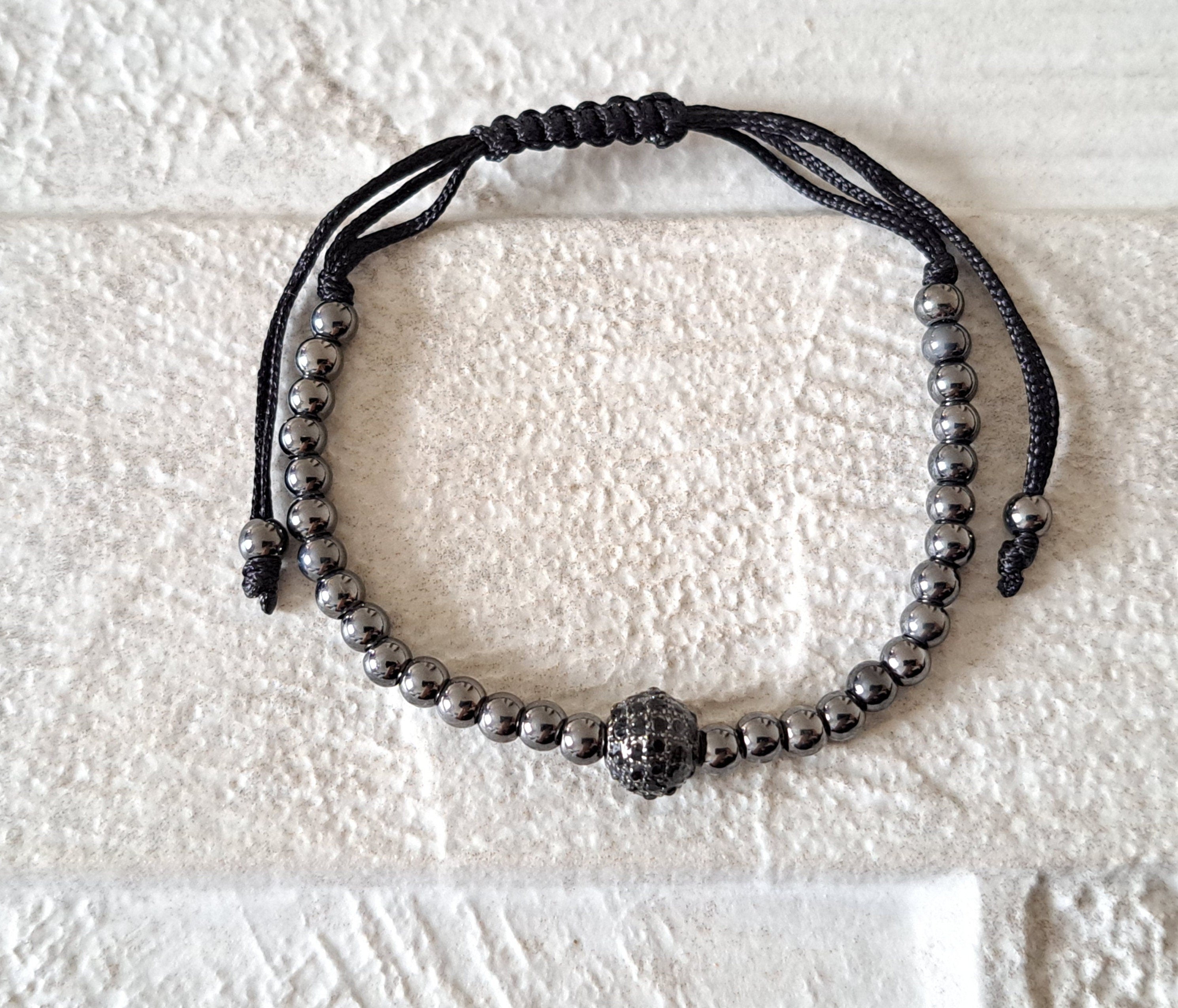 Black Crystal Beaded Ball Charm Adjustable Bracelet