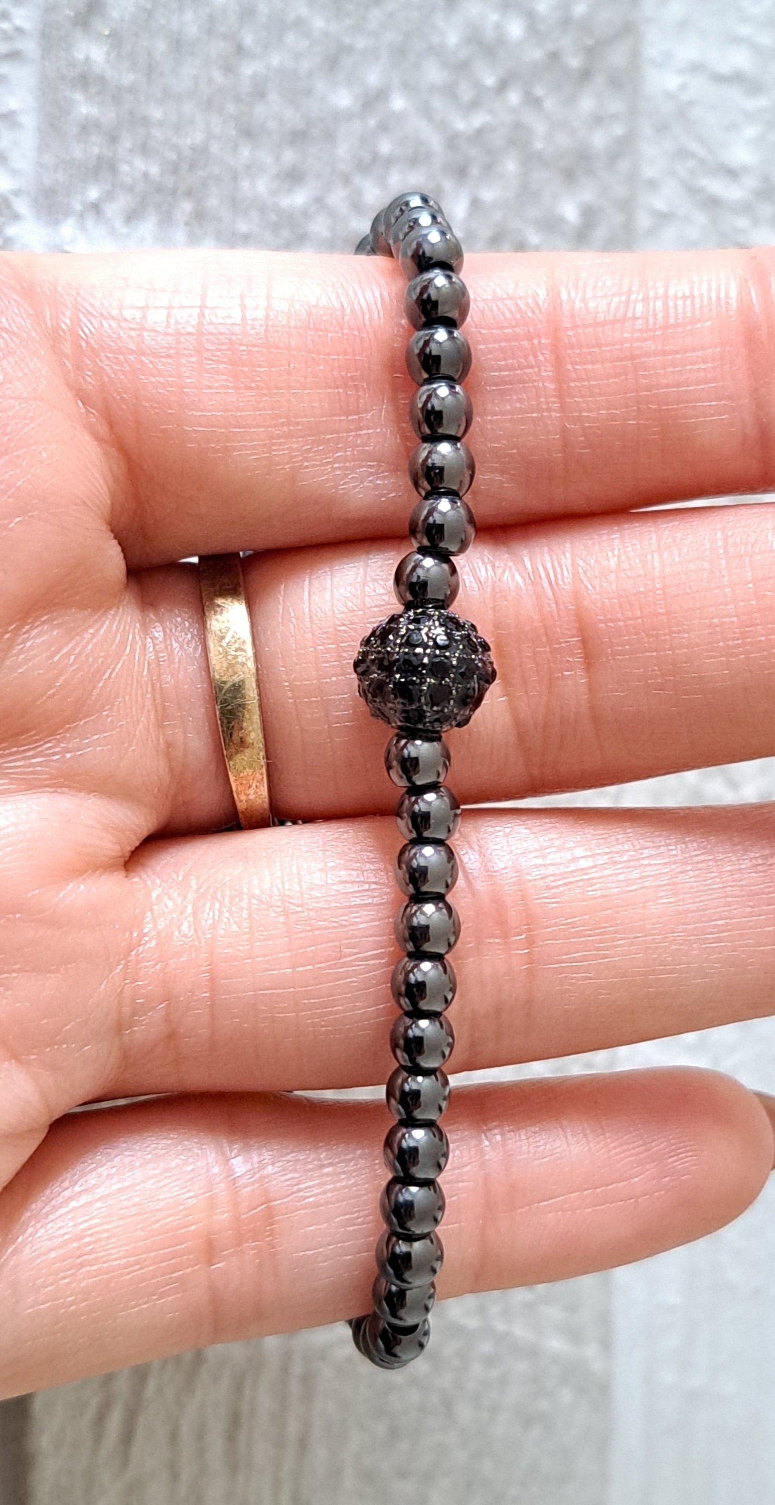 Black Crystal Beaded Ball Charm Adjustable Bracelet