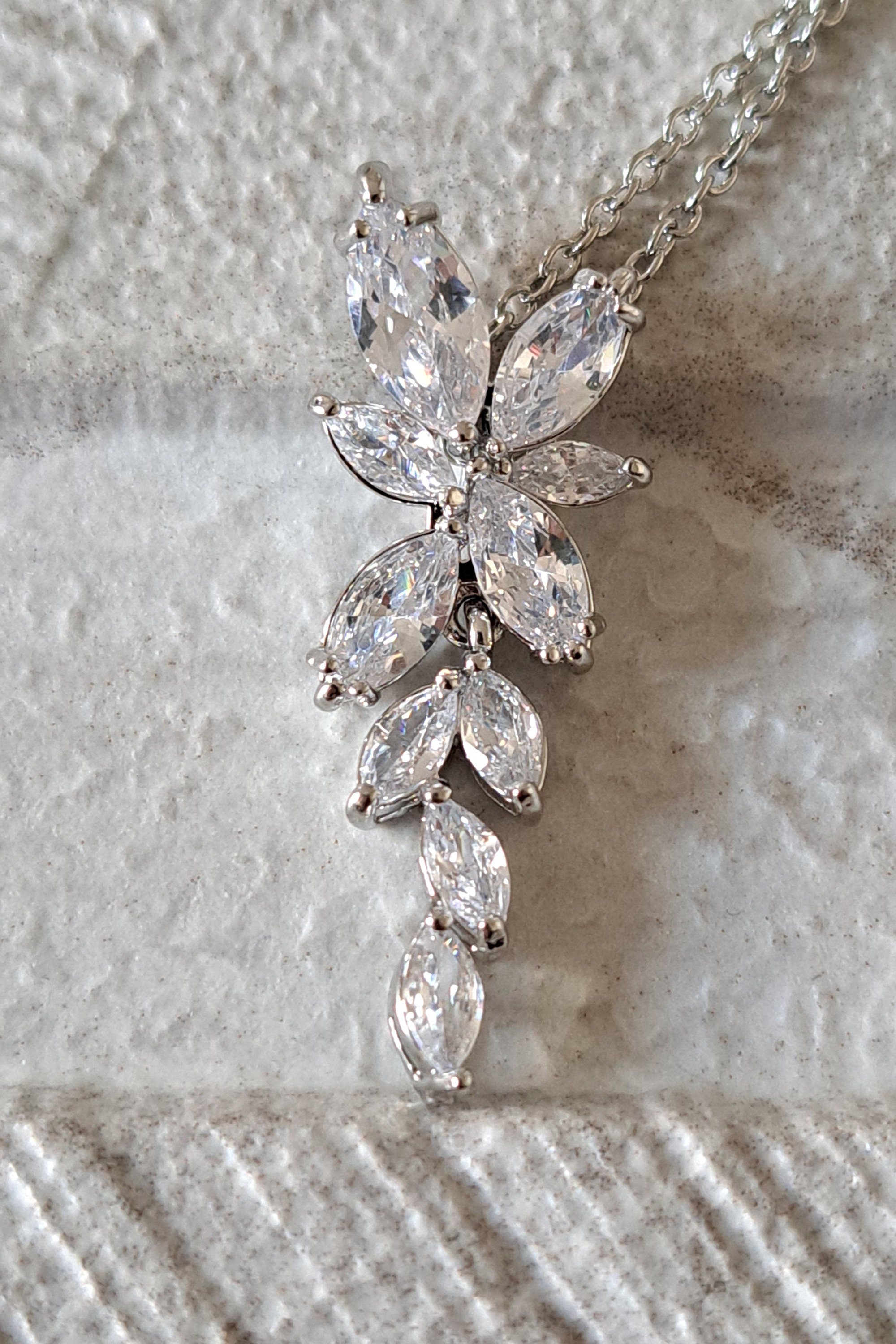Silver Floral Drop Crystal Swarovski Necklace and Pendant
