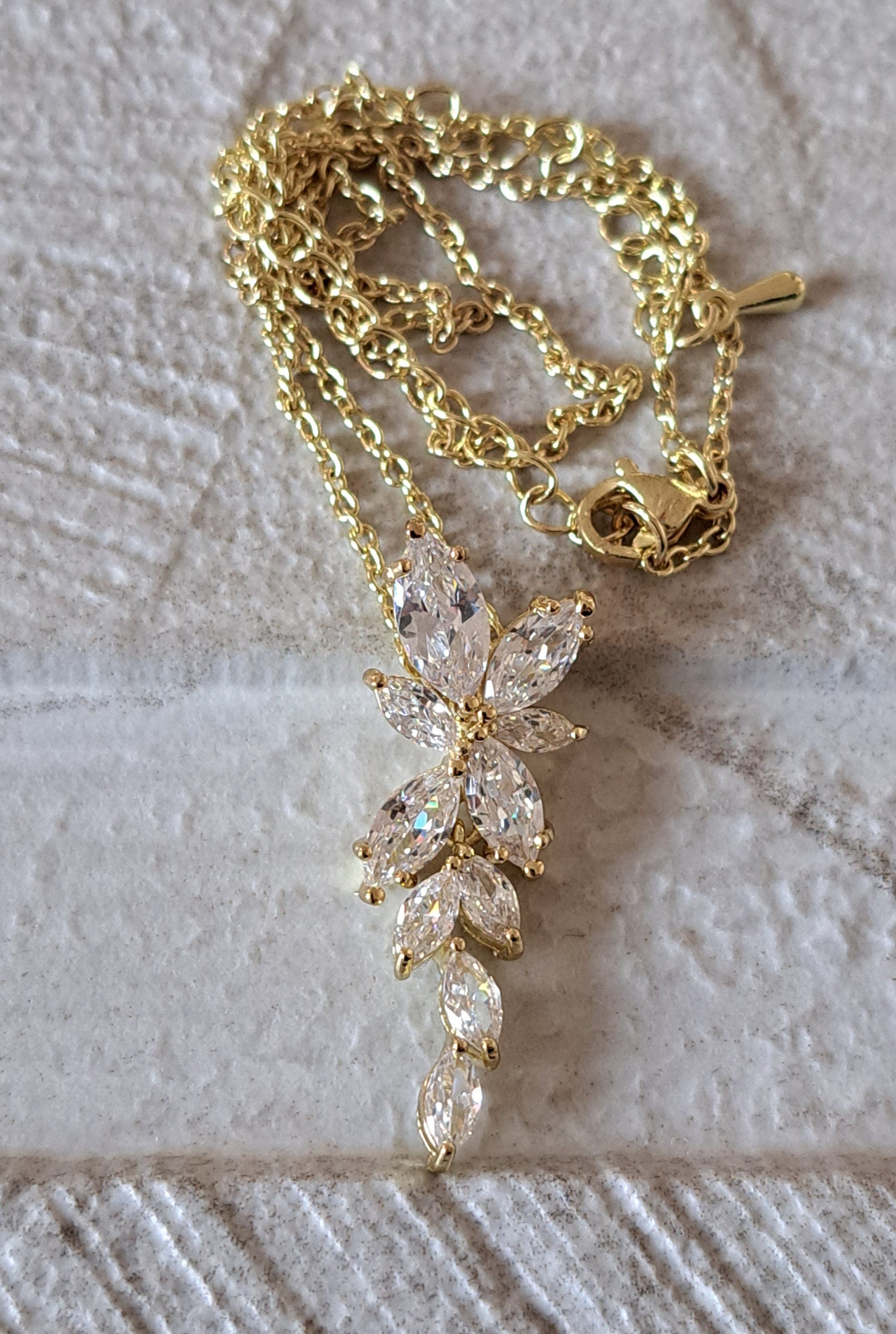Gold Floral Drop Crystal Swarovski Necklace and Pendant