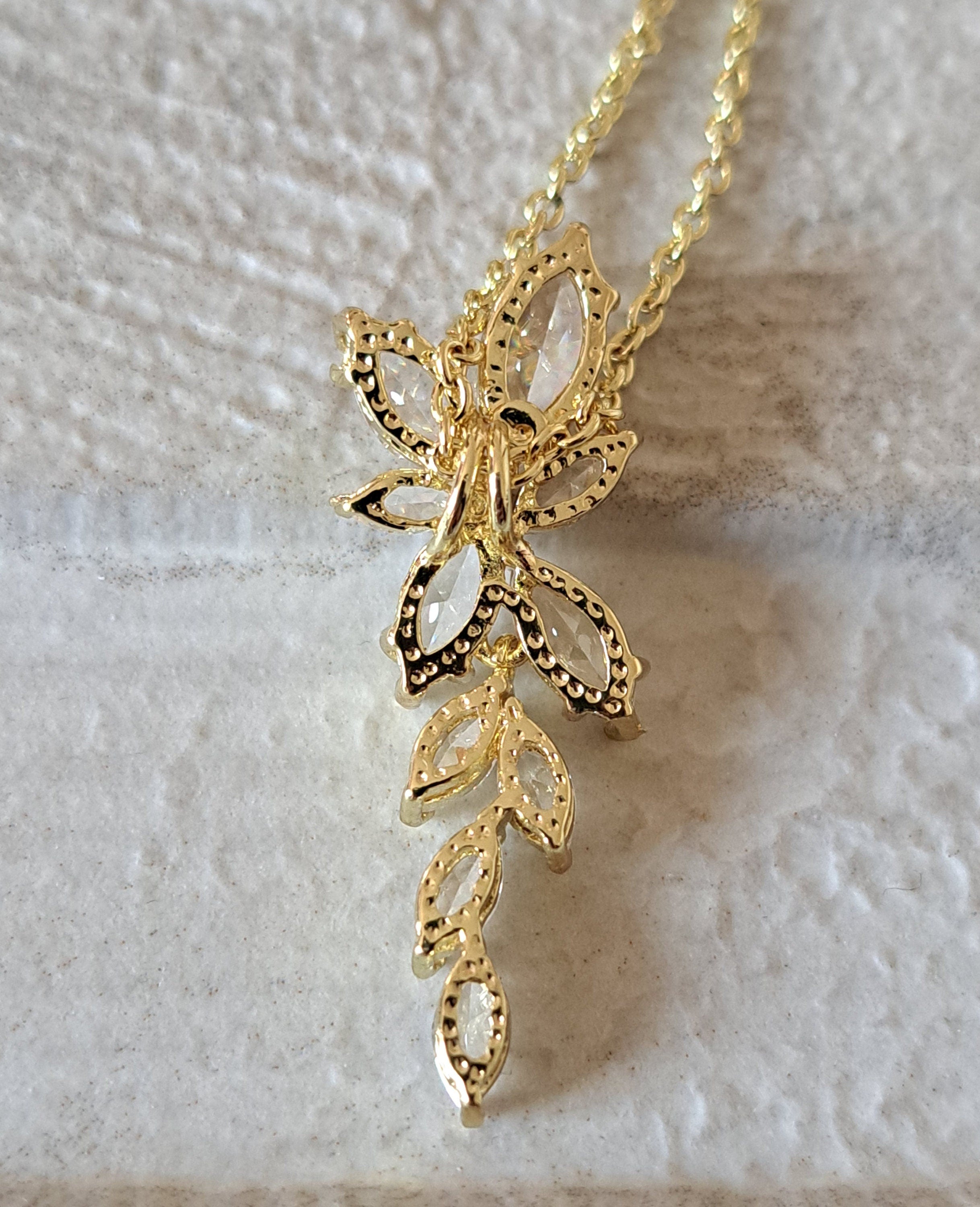 Gold Floral Drop Crystal Swarovski Necklace and Pendant