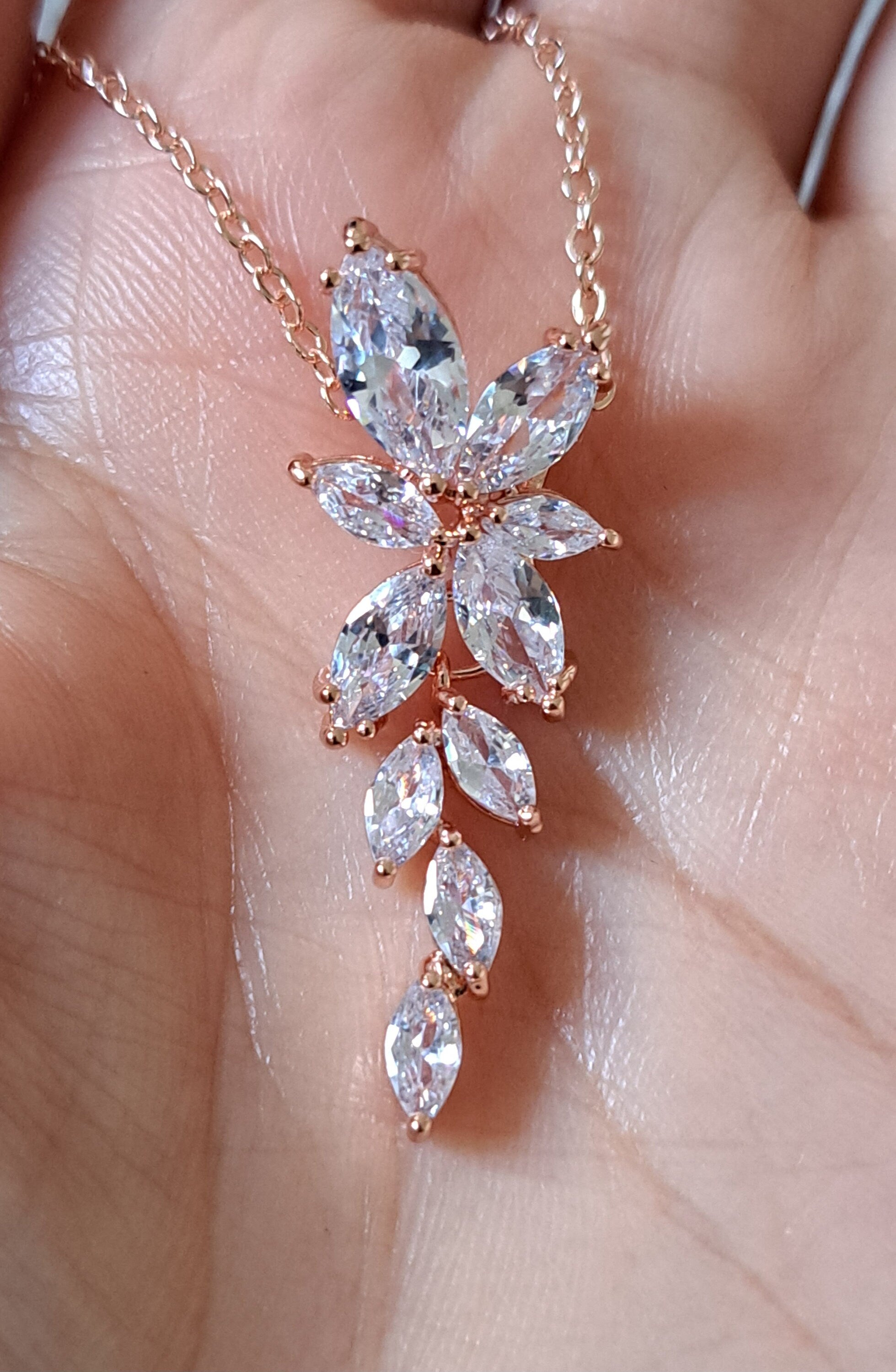 Rose Gold Floral Drop Crystal Swarovski Necklace and Pendant