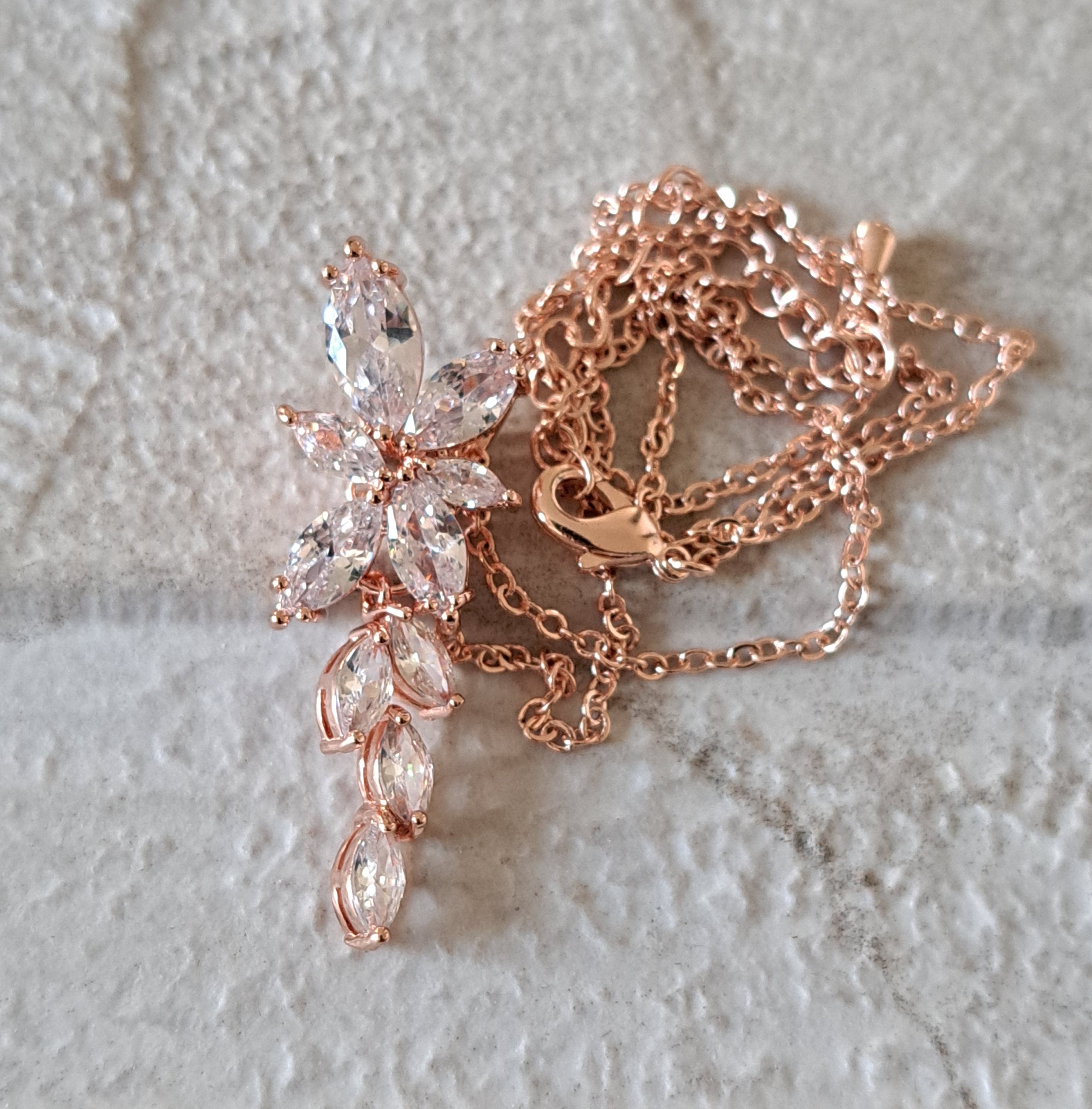 Rose Gold Floral Drop Crystal Swarovski Necklace and Pendant