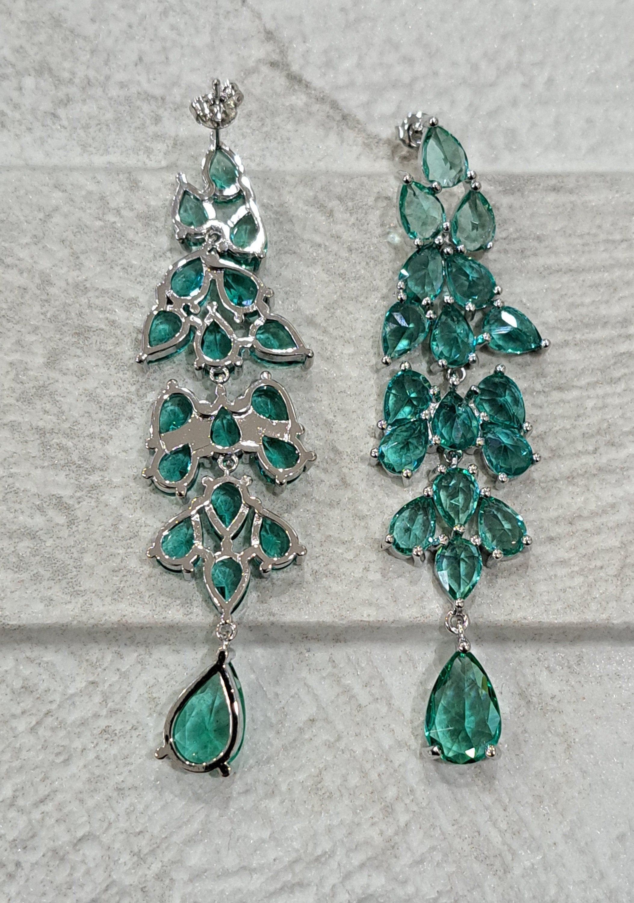 Silver Green Water Drop Long Swarovski Crystal Chandelier Earrings