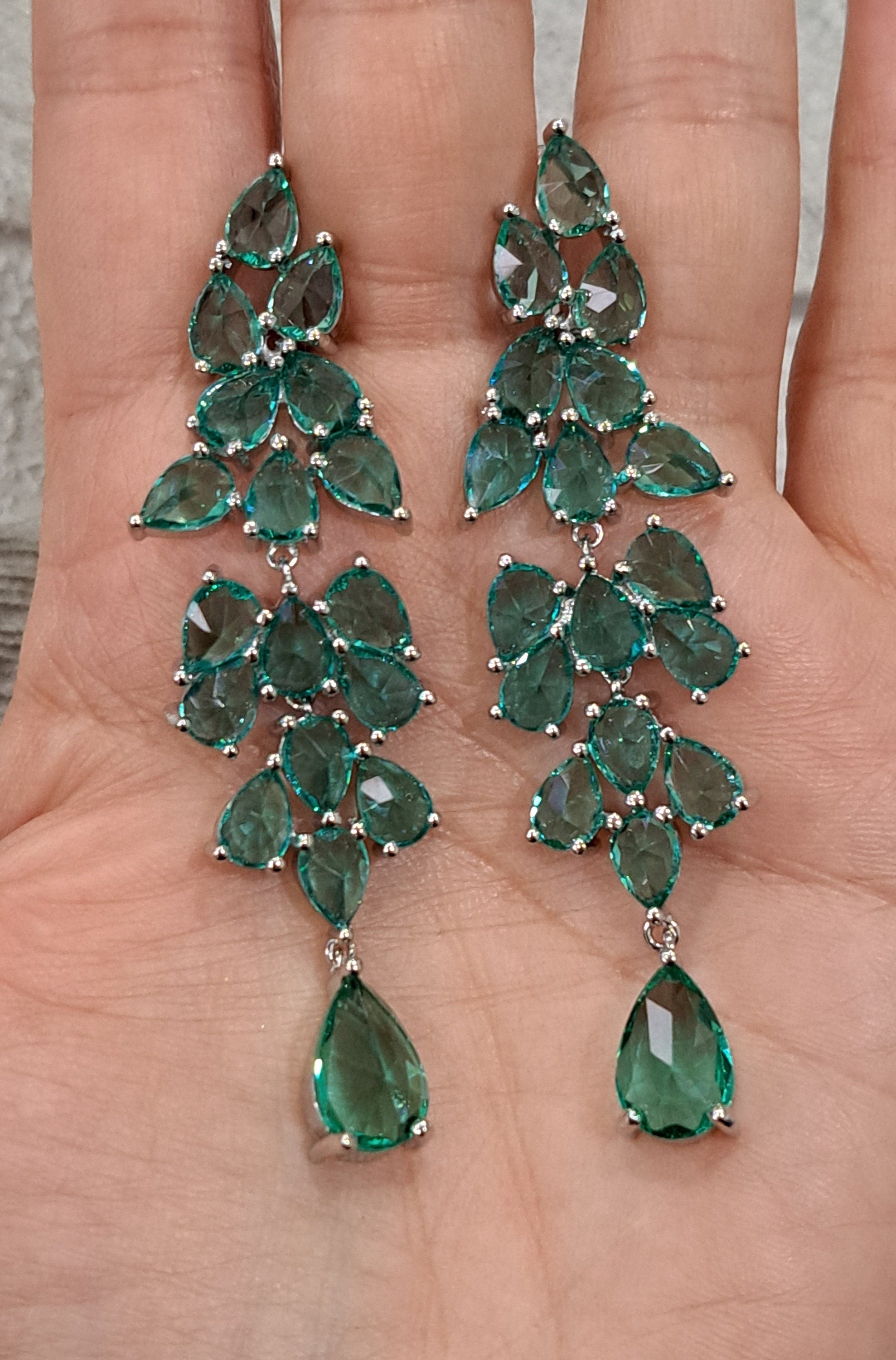 Silver Green Water Drop Long Swarovski Crystal Chandelier Earrings