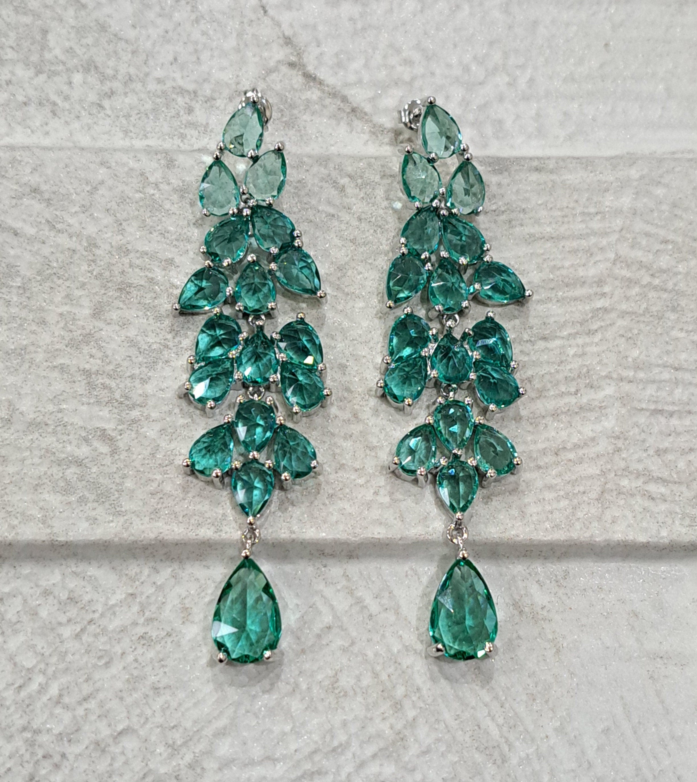 Silver Green Water Drop Long Swarovski Crystal Chandelier Earrings