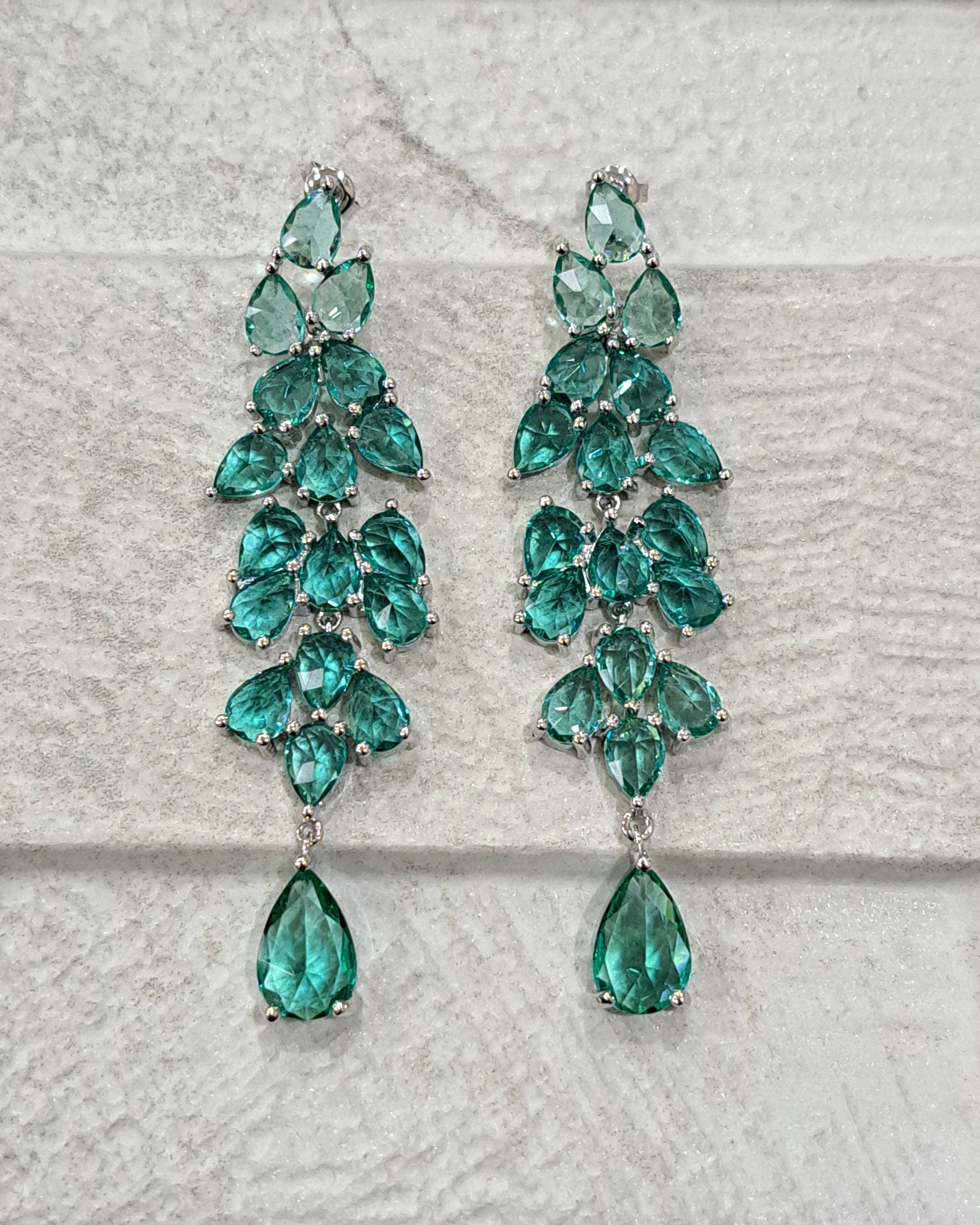Silver Green Water Drop Long Swarovski Crystal Chandelier Earrings