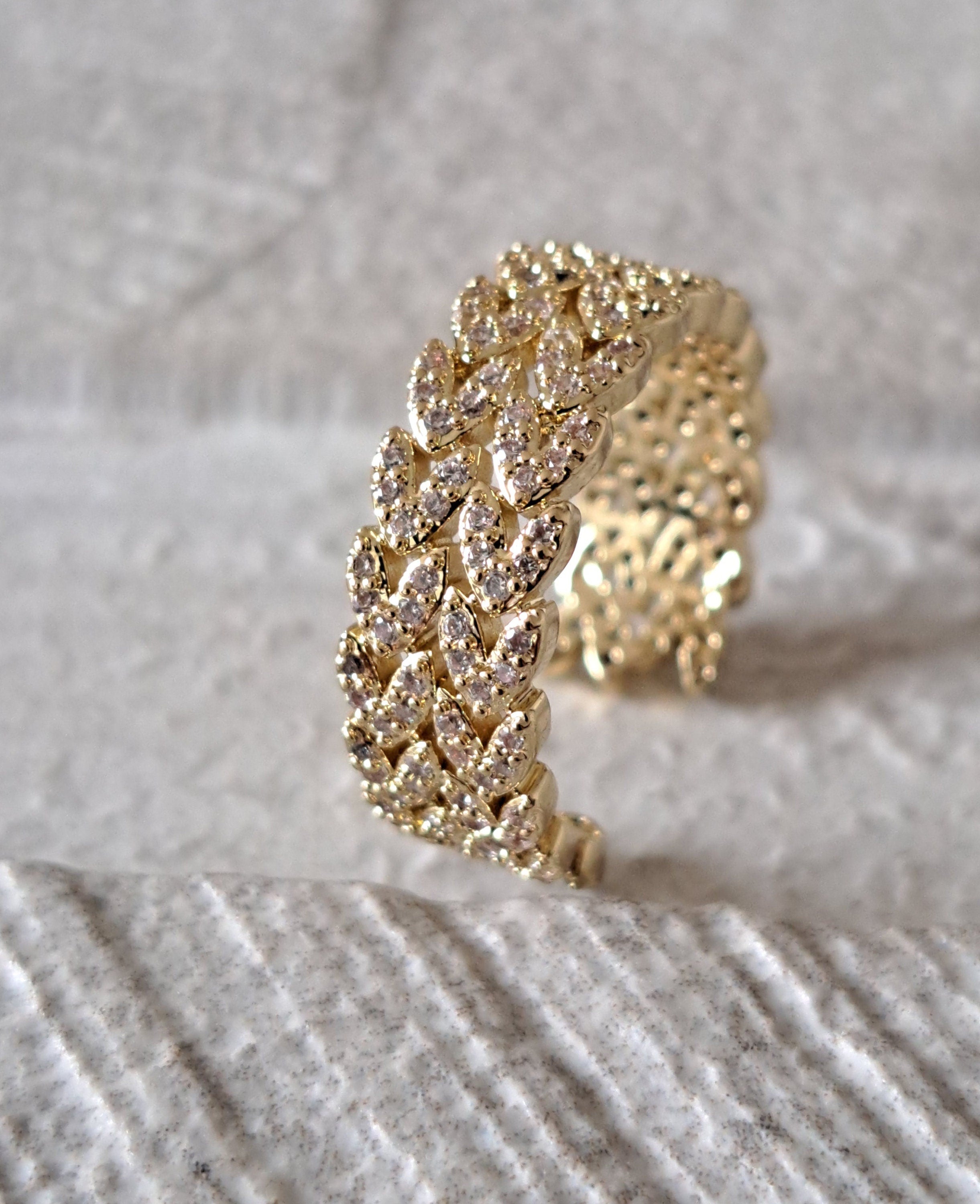 Gold Swarovski Crystal Linked Leaf Open Adjustable Ring
