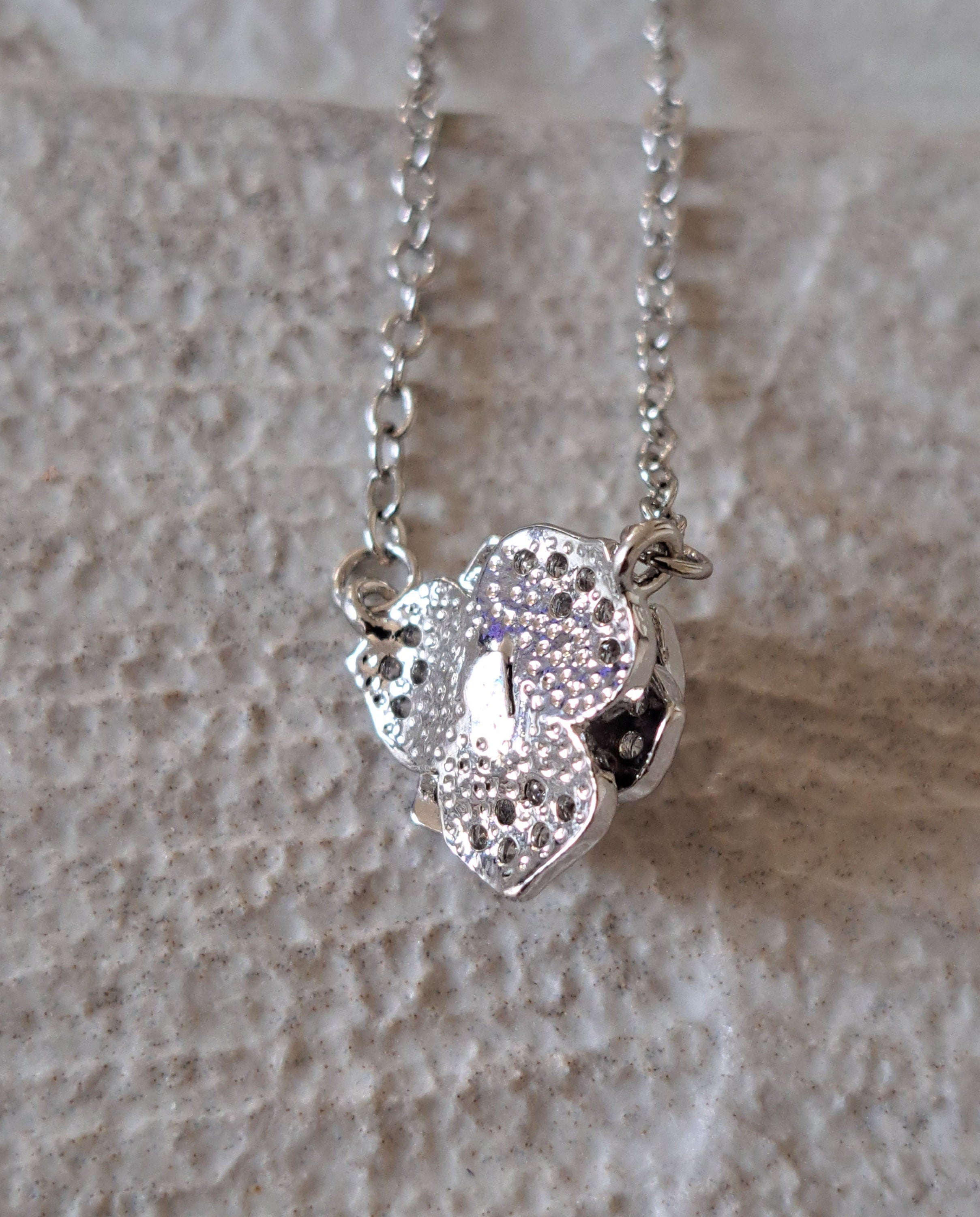 Silver Cut Out Layered Rose Swarovski Crystal Pendant Necklace