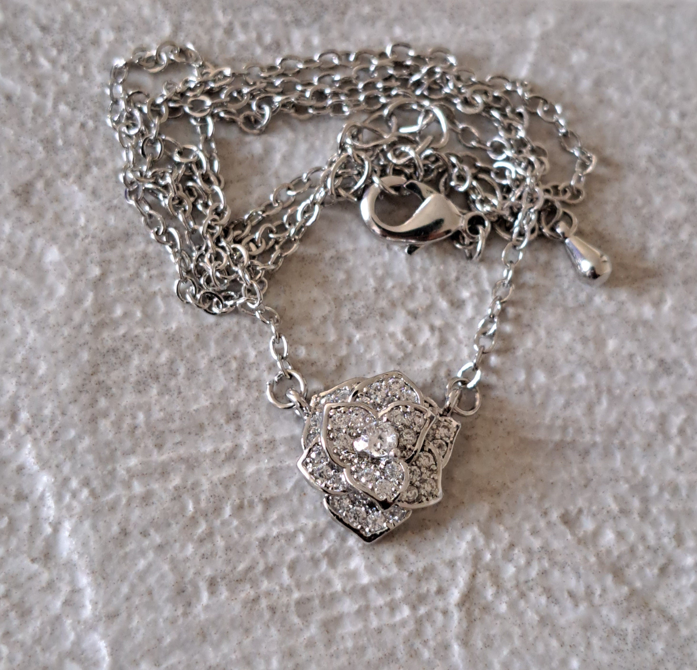 Silver Cut Out Layered Rose Swarovski Crystal Pendant Necklace