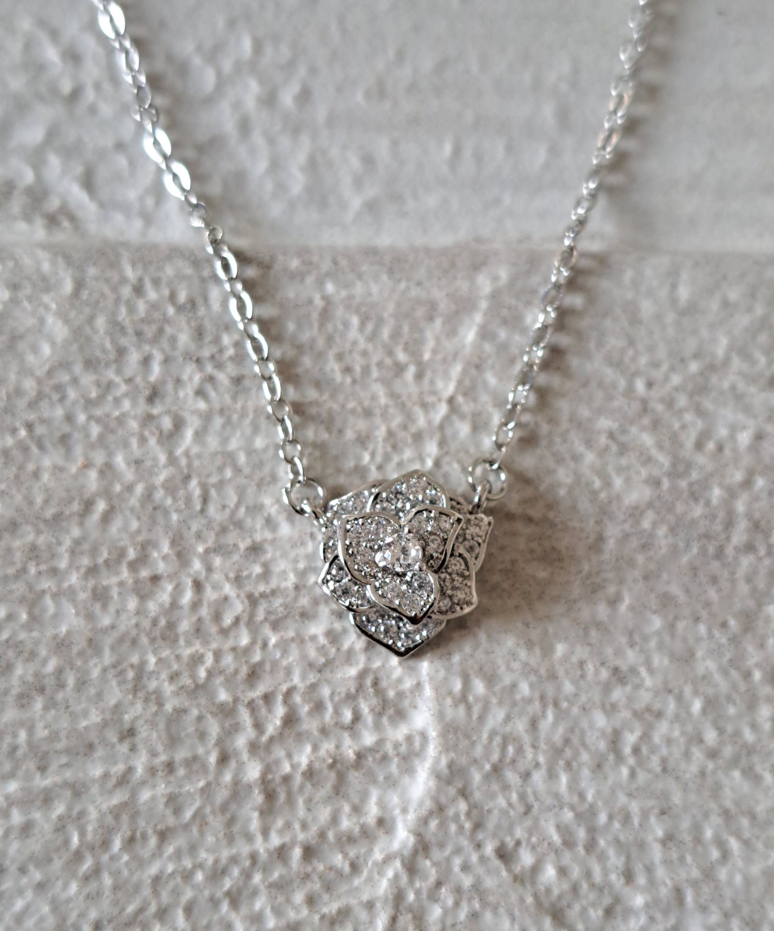 Silver Cut Out Layered Rose Swarovski Crystal Pendant Necklace