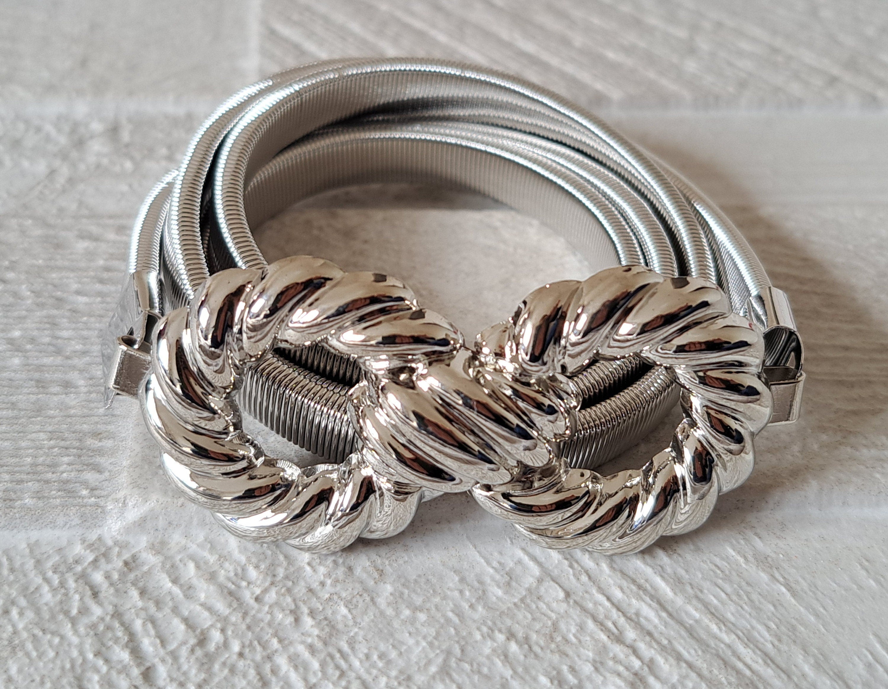 Silver Large Knot Skinny Stretch Hook Buckle Belt