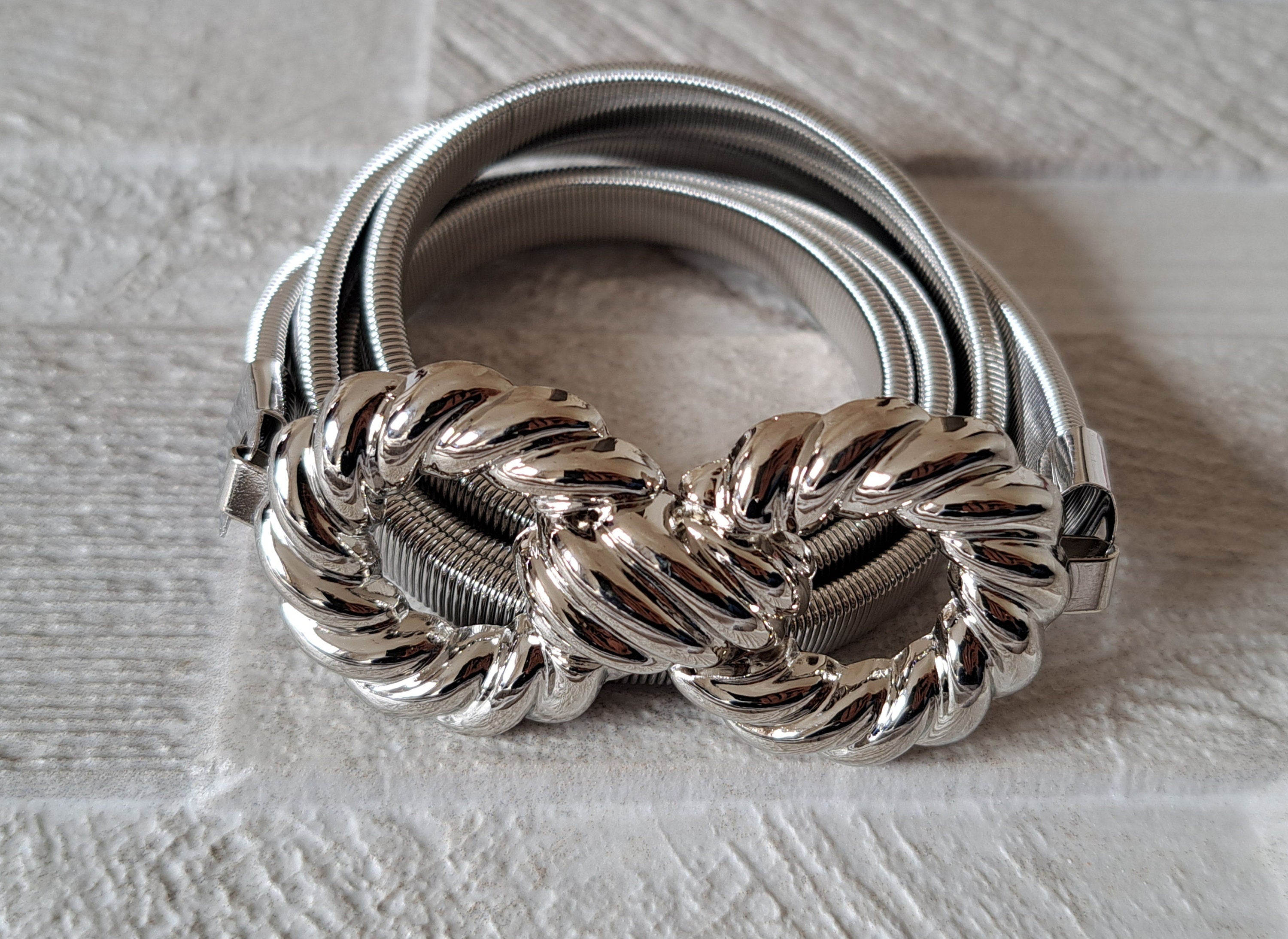 Silver Large Knot Skinny Stretch Hook Buckle Belt