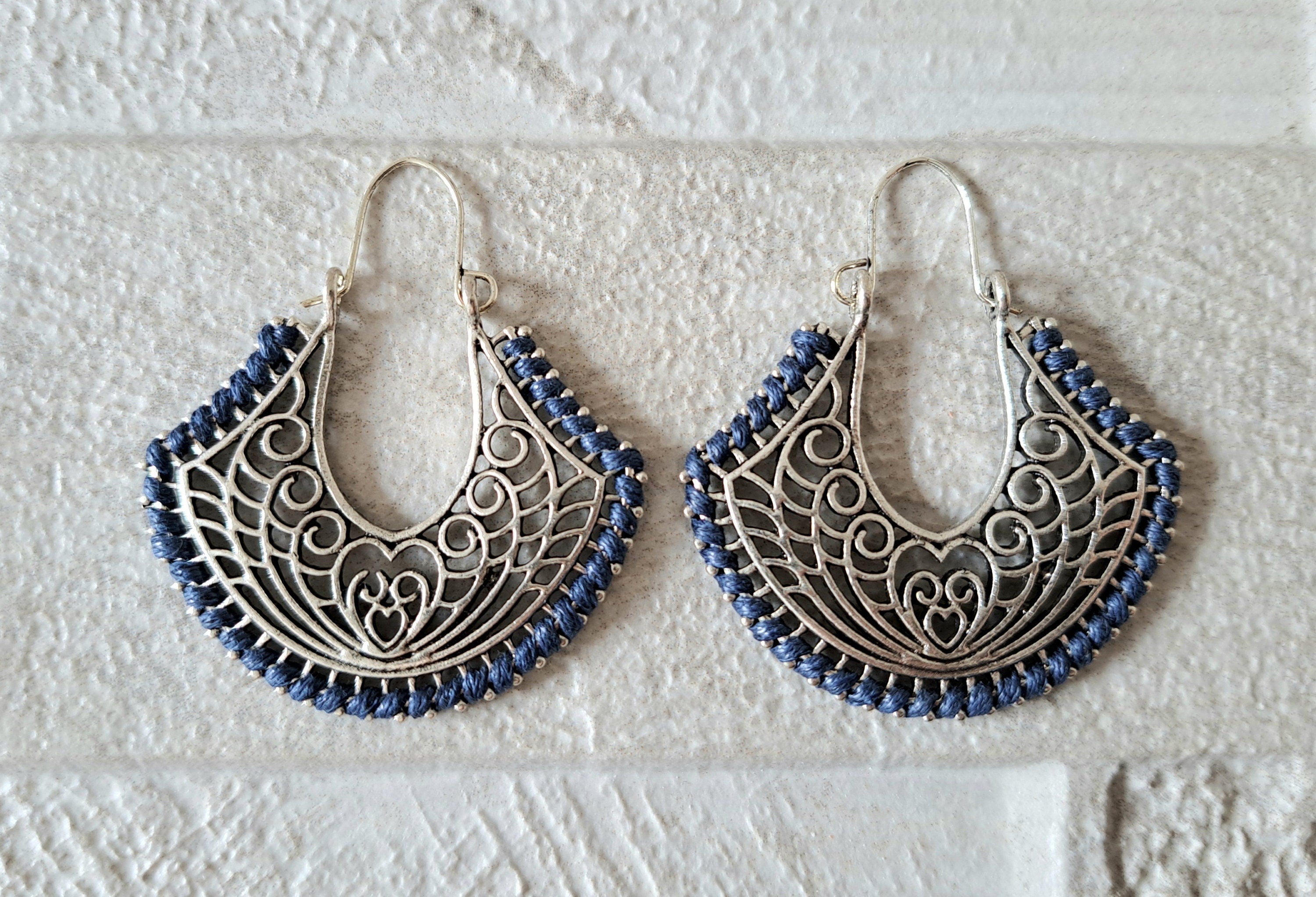 Silver Navy Bohemian Wrapped Thread Heart Cut Out Hoop Earrings