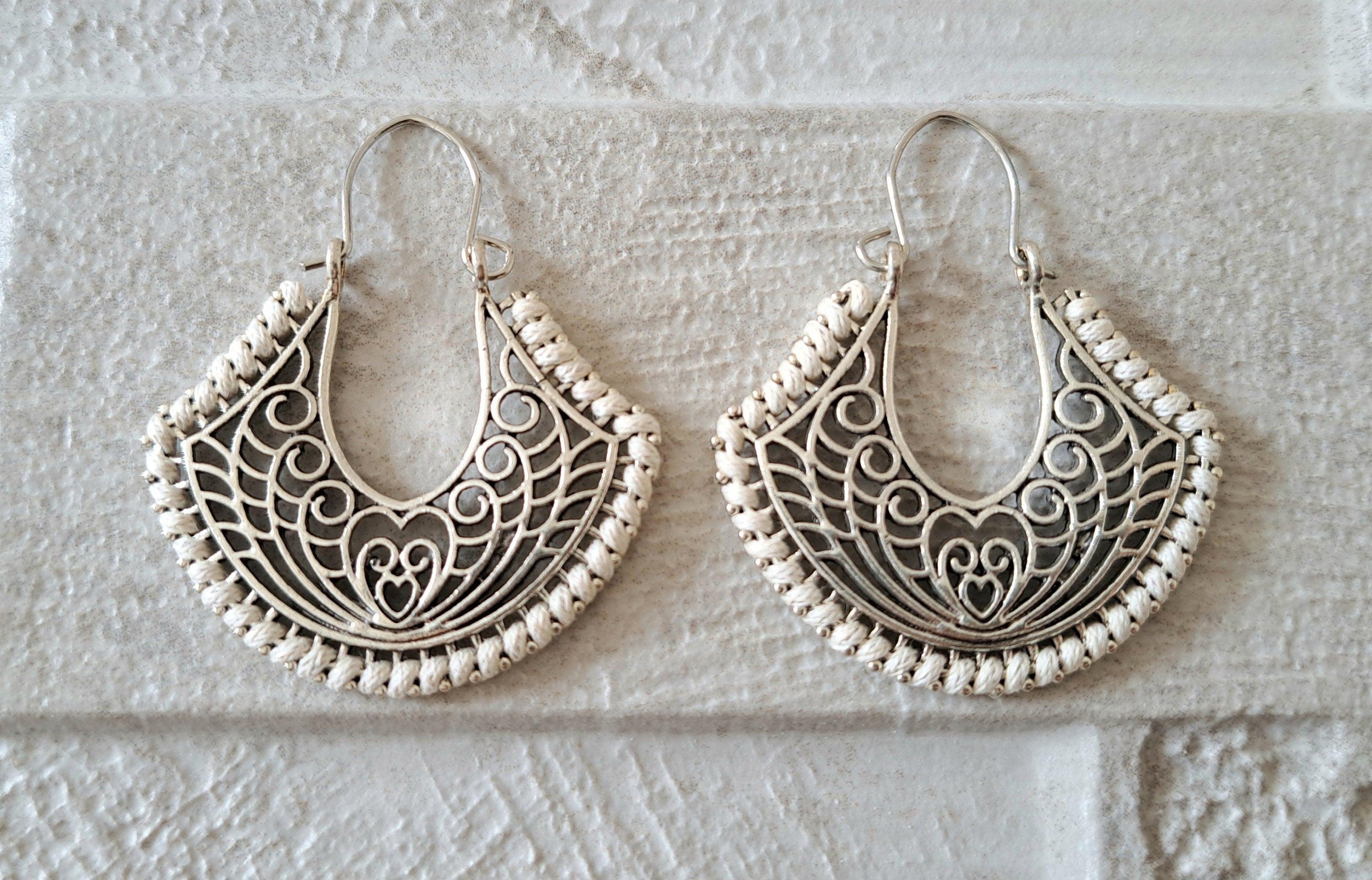 Silver Off-White Rope Bohemian Flower Cut-Out Hoops