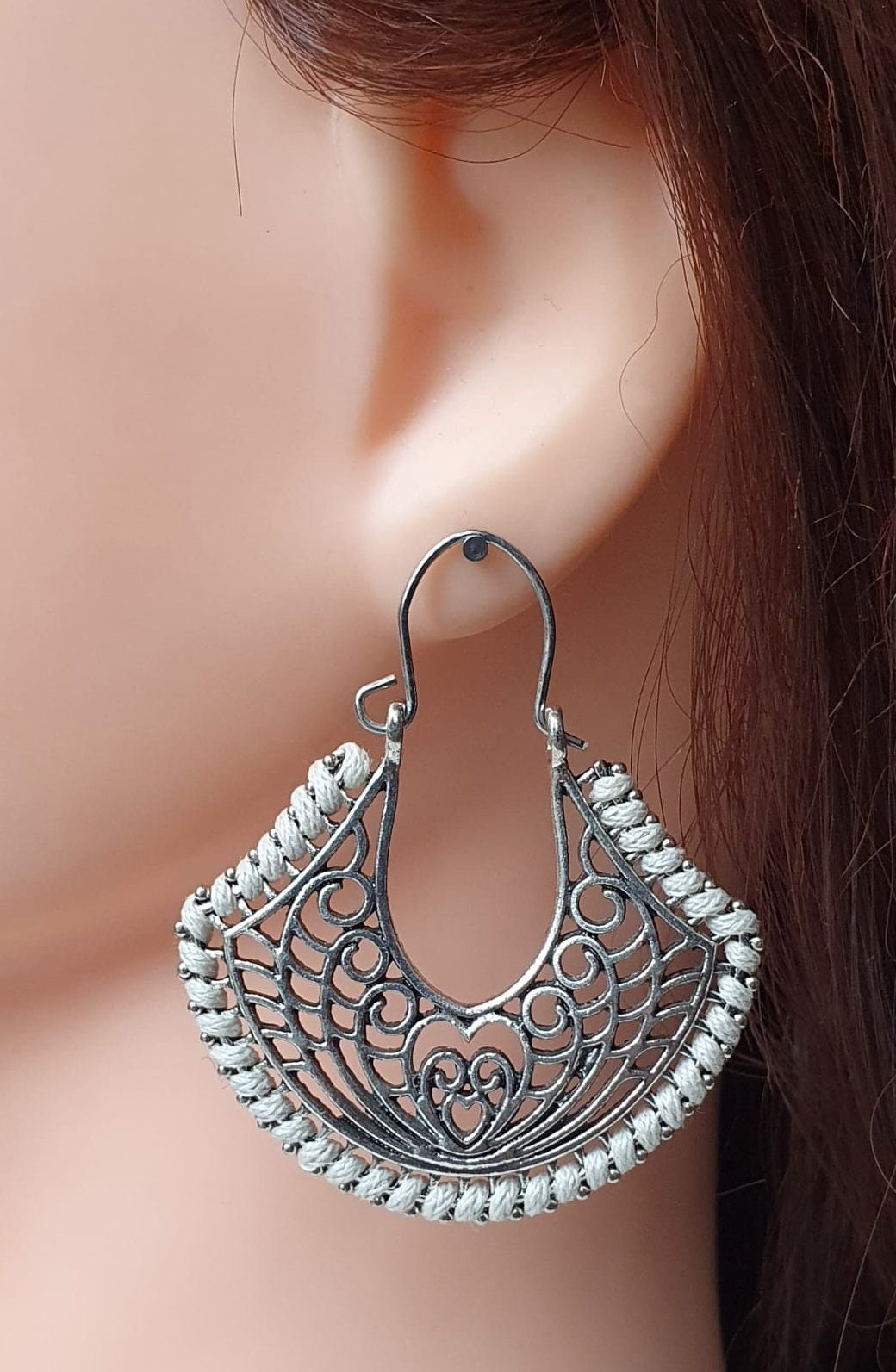 Silver Off-White Rope Bohemian Flower Cut-Out Hoops