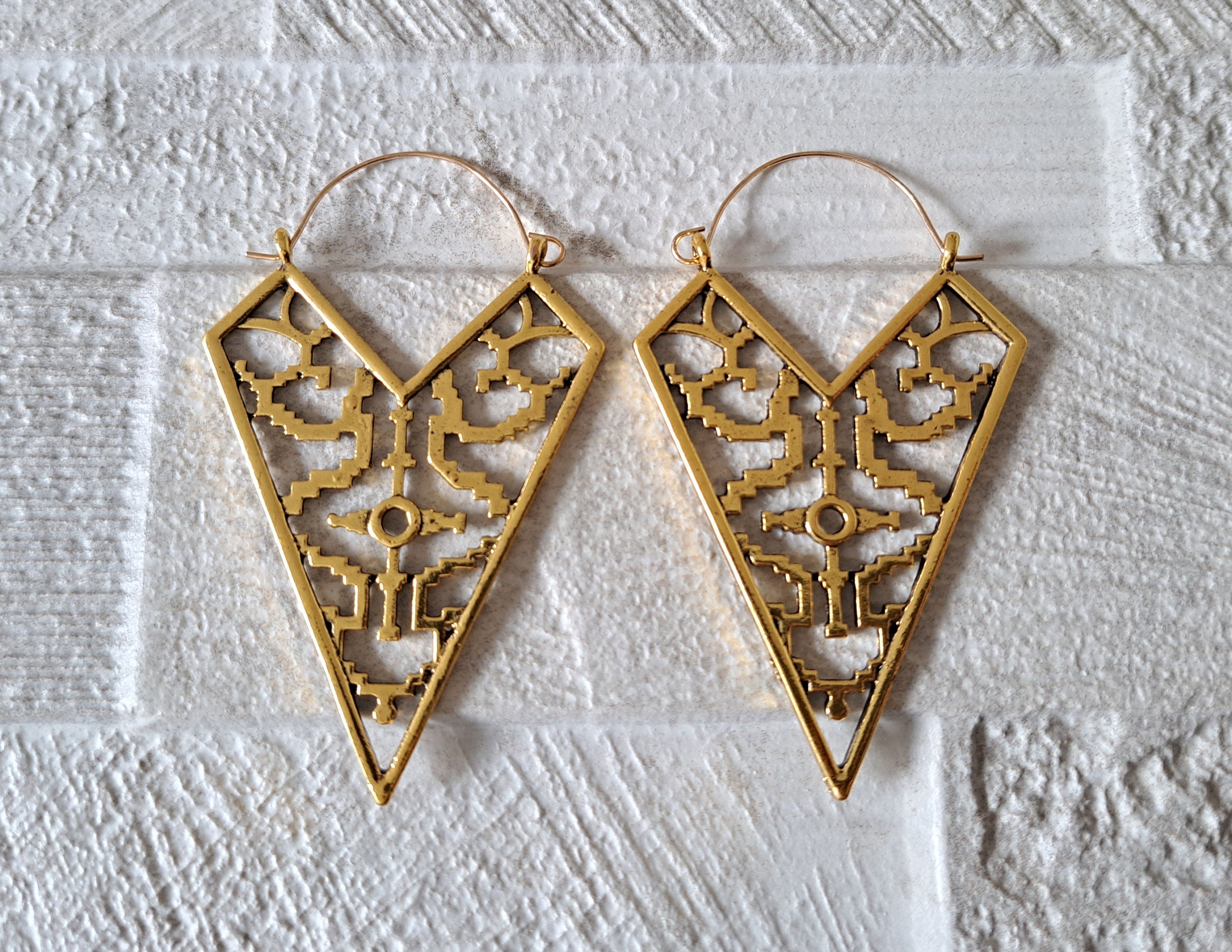 Large Gold Tribal Textured Cut Out Bohemian Patterned Hoop Earrings