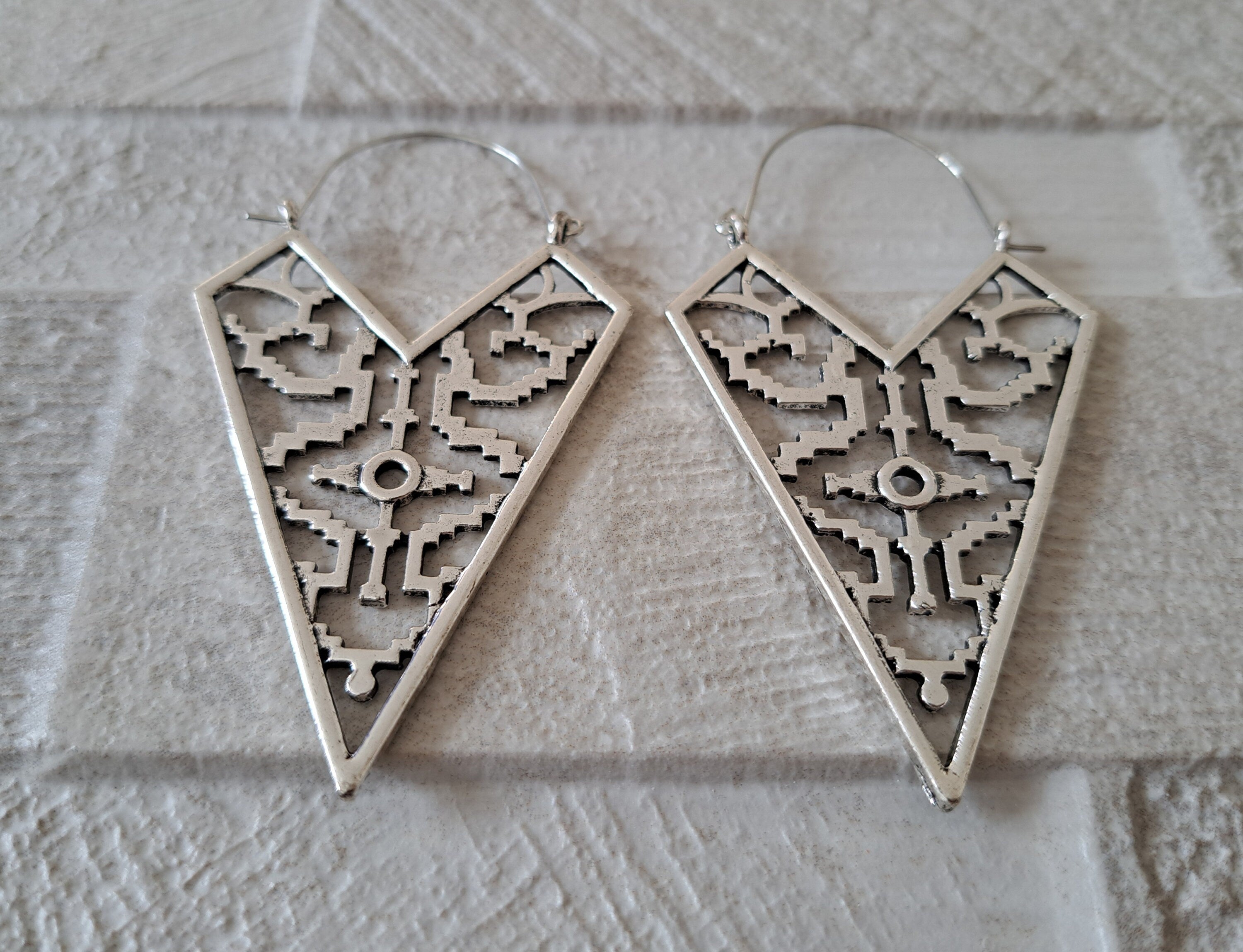 Large Silver Tribal Textured Hoop Earrings