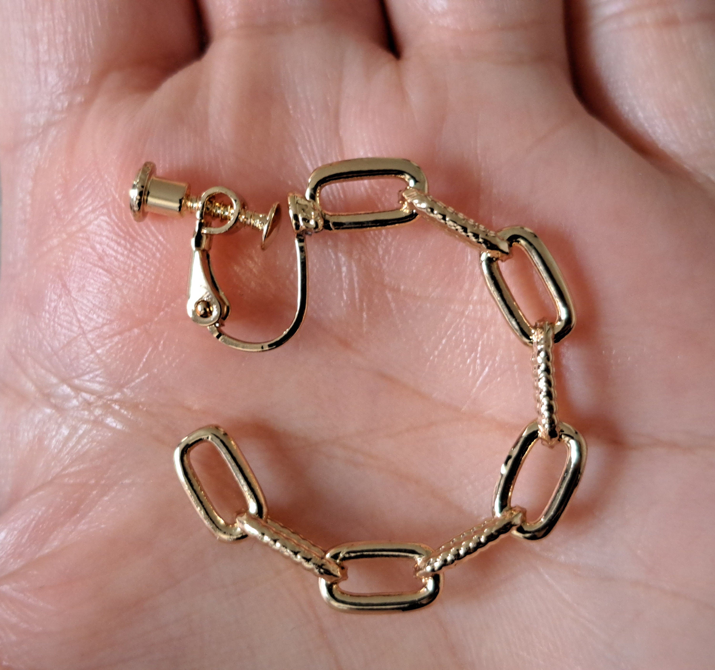 Large Gold Textured Link Chain Clip-On Hoop Earrings