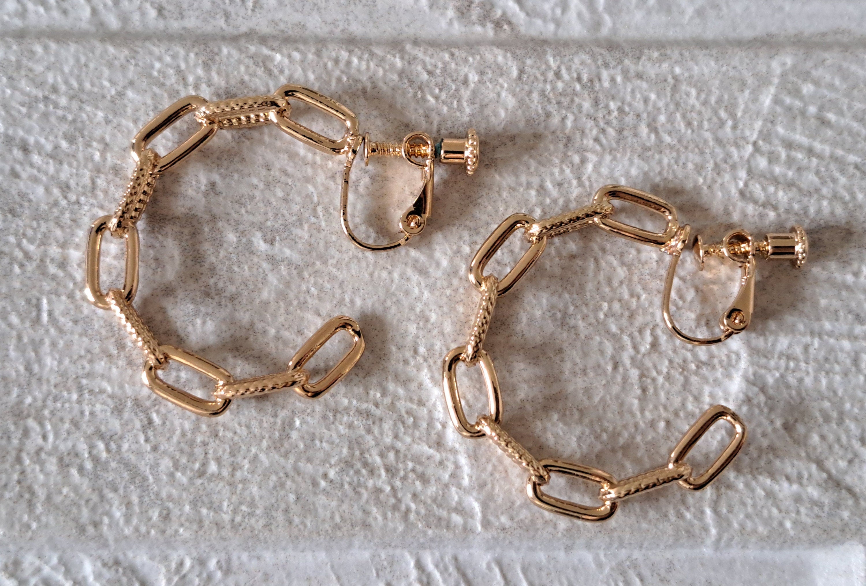 Large Gold Textured Link Chain Clip-On Hoop Earrings
